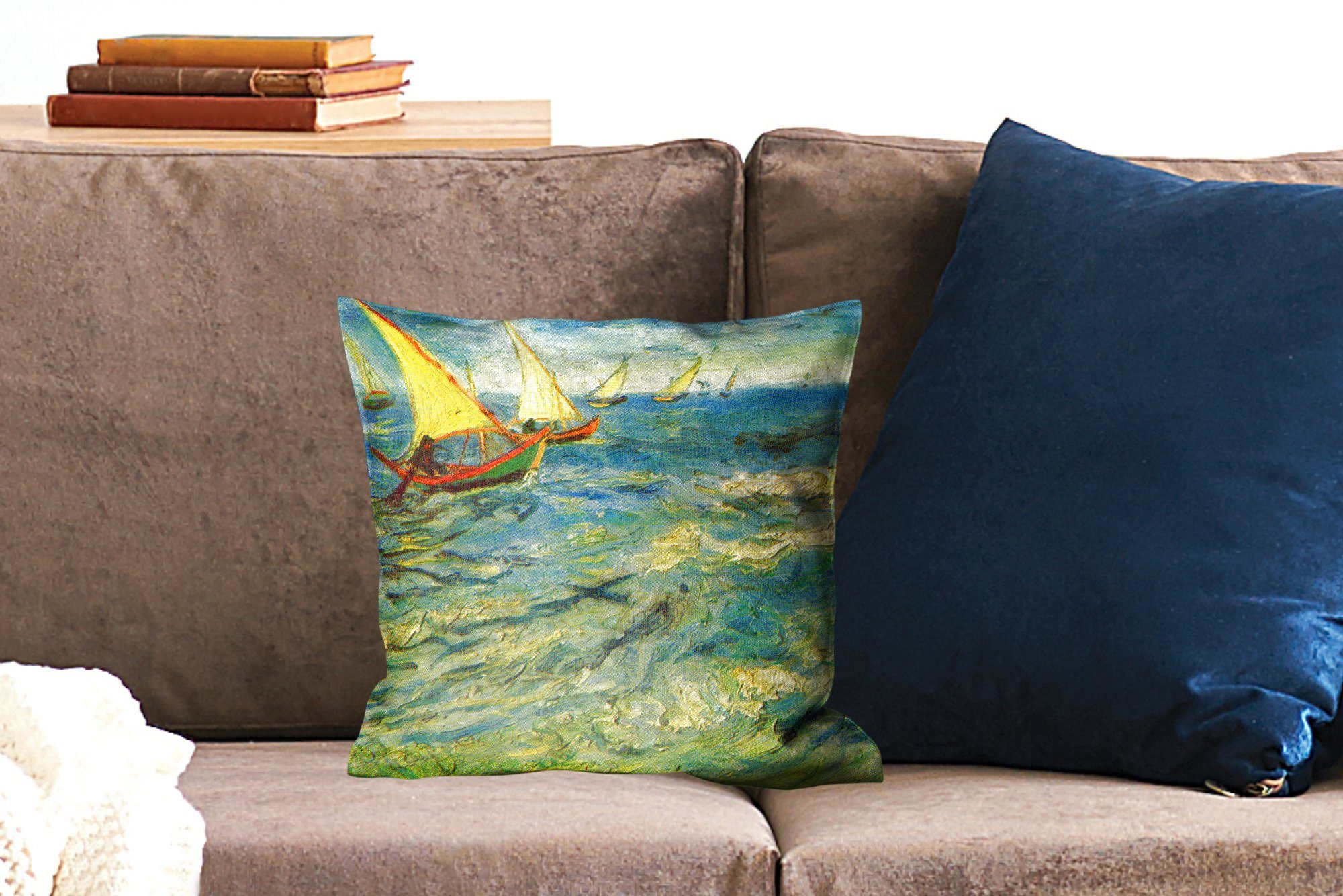 Fischerboote Meer auf MuchoWow Schlafzimmer, Deko, für Sofakissen - Dekokissen Gogh, mit Vincent Füllung Wohzimmer, van Zierkissen dem
