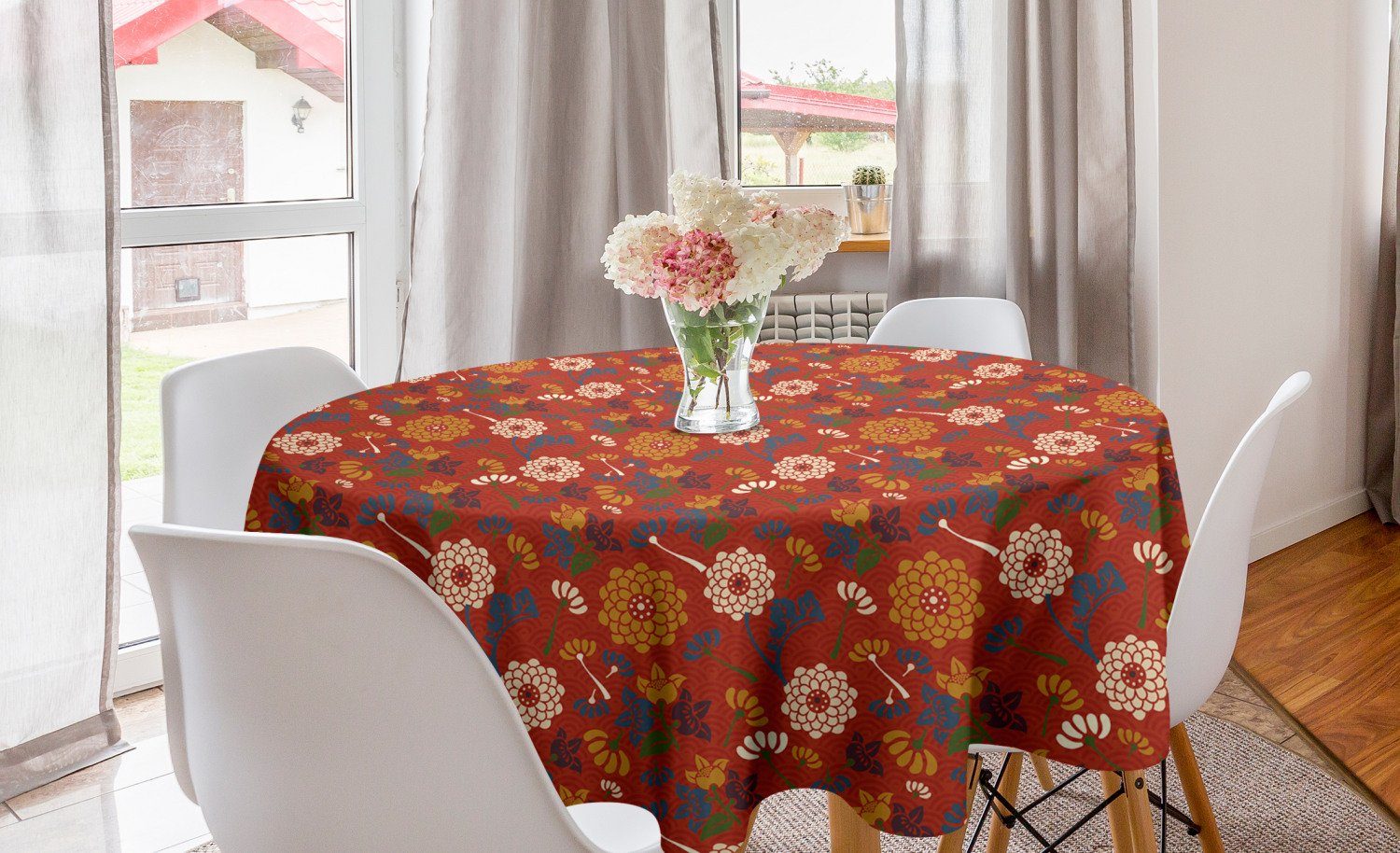 Abakuhaus Tischdecke Kreis Tischdecke Abdeckung für Esszimmer Küche Dekoration, Jahrgang Blumen-Silhouetten