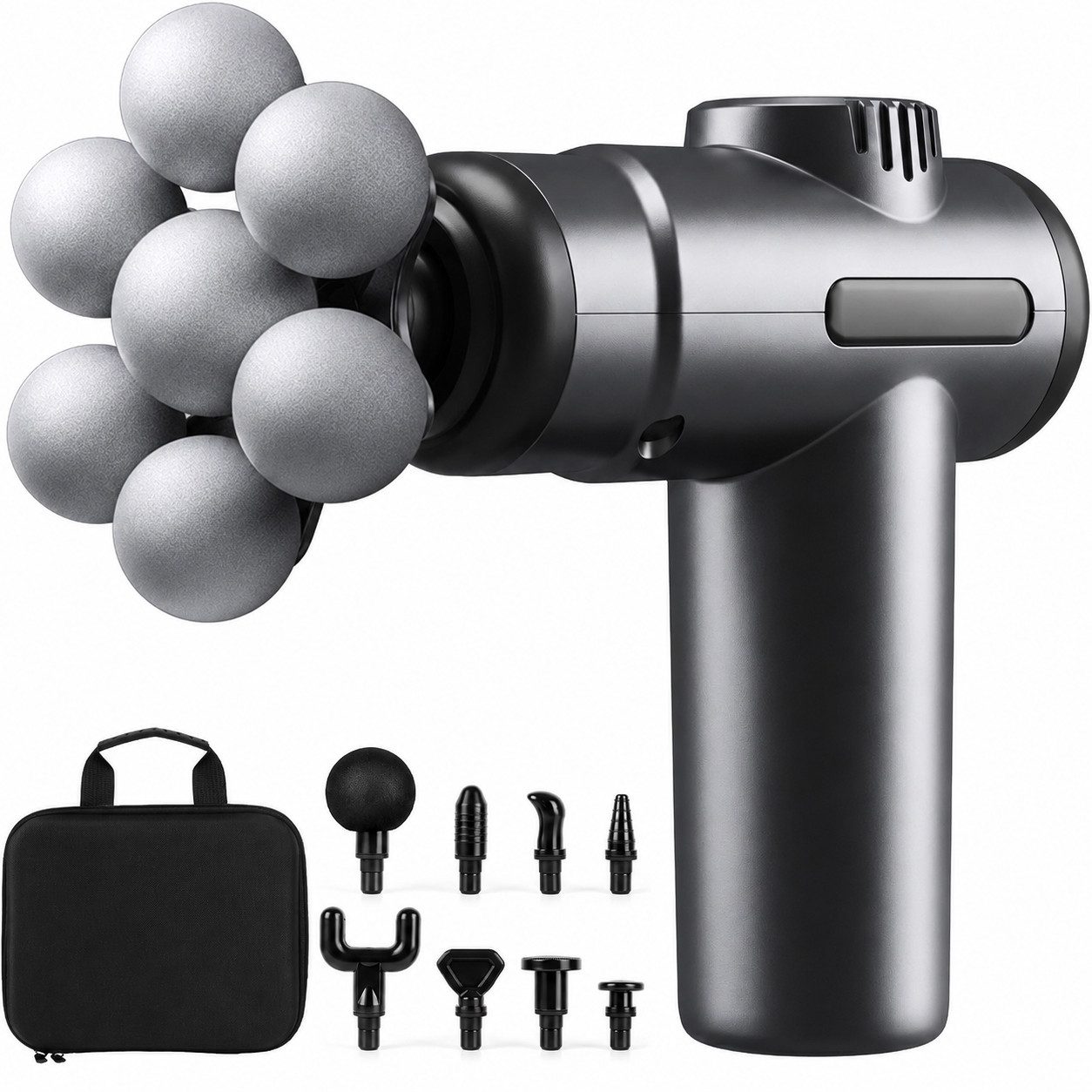 Futicare Massagegerät Massagepistole Massage-Gun mit 7-Punkt-Kopf, 99 Intensitätsstufen und 9 Aufsätzen 9-tlg., kompakt und tragbar, für Nacken, Schultern, Rücken und Körper, mit schwarzem Koffer