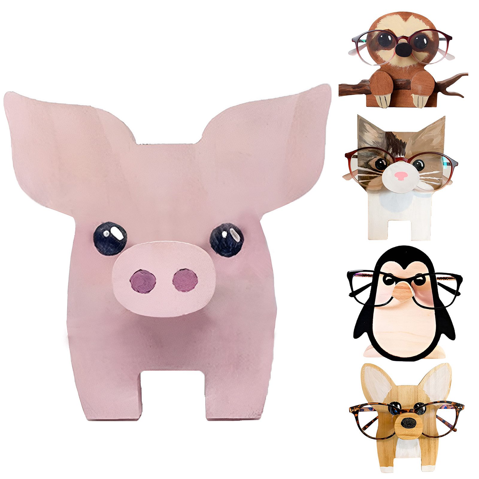 GarveeMore Podest Hölzerner Brillenhalter Ständer Kreative Tierform Sonnenbrille Display, Display Rack für Home Desk Nachttisch Pinguin,Schwein,Katze Muste
