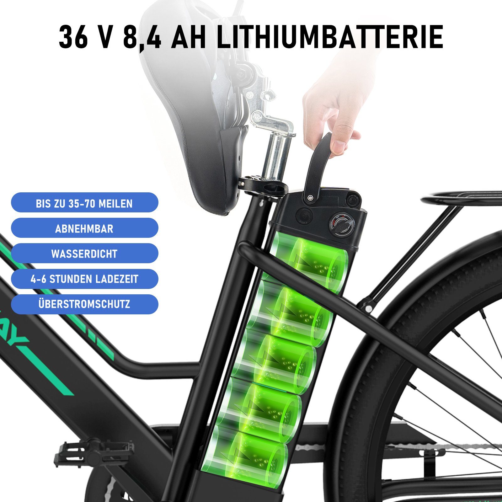HITWAY E-Bike für 8.4AH Herren Damen 36V schwarz E-Fahrrad Pumpe/Fahrradschloss Heckmotor, 26 Zoll 25km/h,35-70KM, Batterieladegerät