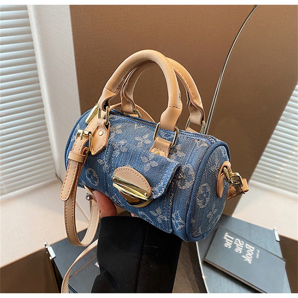 MOPUEA Umhängetasche Runde Damen-Henkeltasche aus Denim im Zylinderstil mit Schultergurt (Gewebt Denim Handtasche Vintage -Umhängetasche, 1-tlg), Crossbody Taschen für Frauen Frauentasche Kissenbeutel