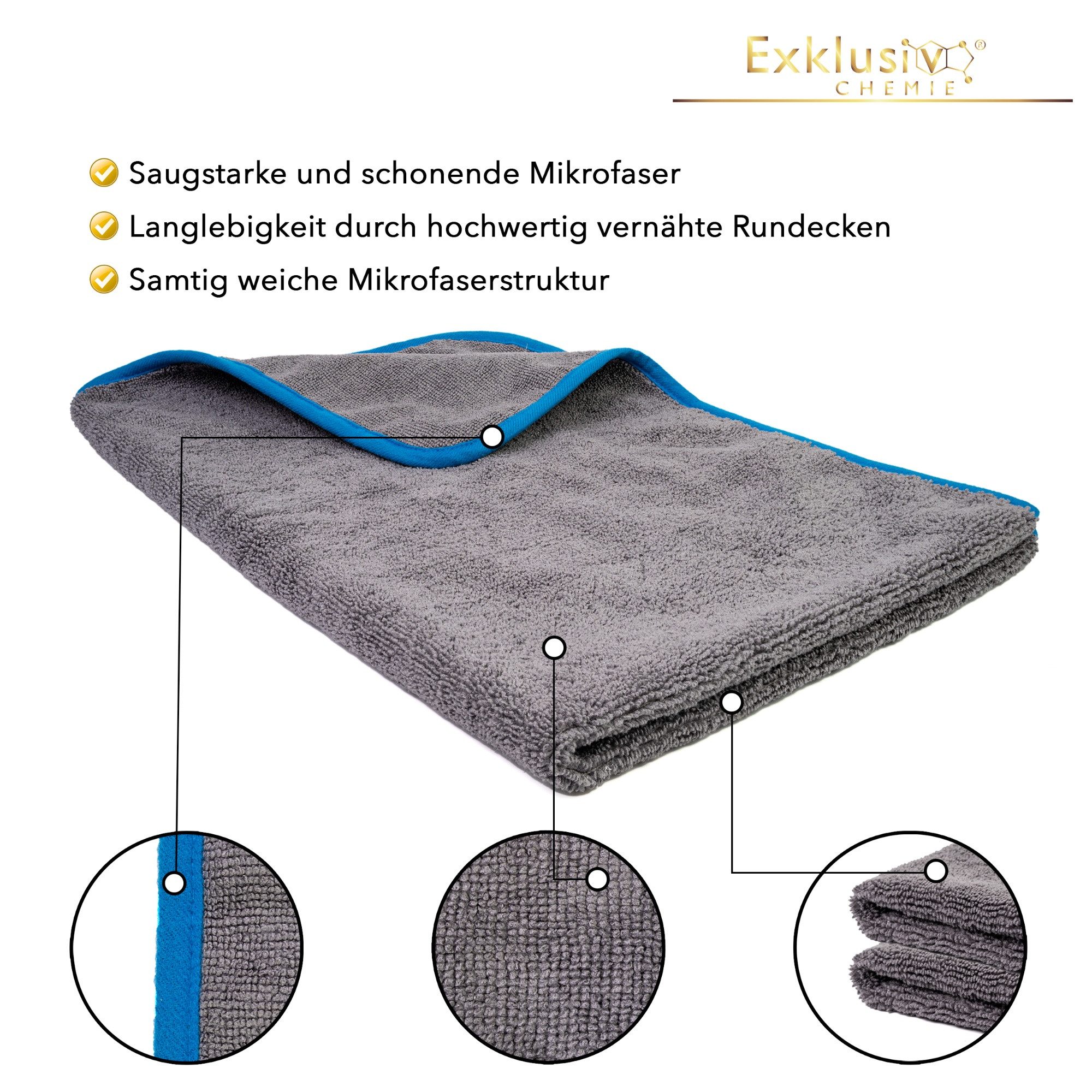 Exklusiv Chemie GmbH Q3 Trockentuch Mikrofasertuch (1-tlg., 1x Trockentuch + 1x Handpolierschwamm, Saugstark, Fusselfrei & Lackschonend)