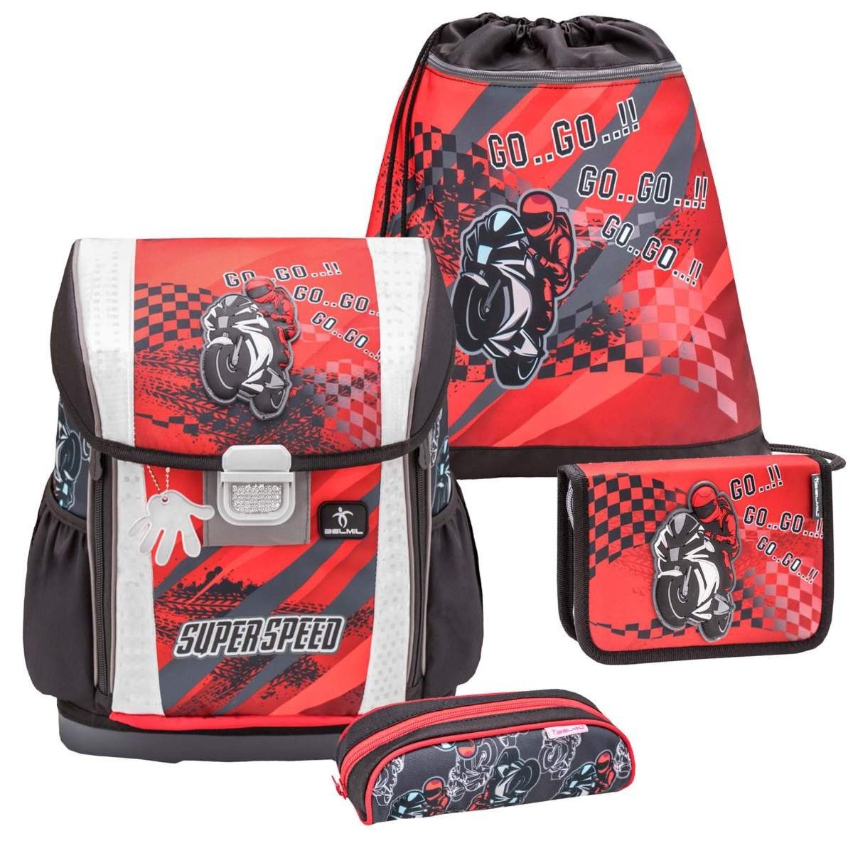 Belmil Schulranzen Customize Me, höhenverstellbar, Set mit Sportbeutel Federtasche und Schlamper, Brust- und Beckengurt, Motiv für Jungen Motorrad Super Speed
