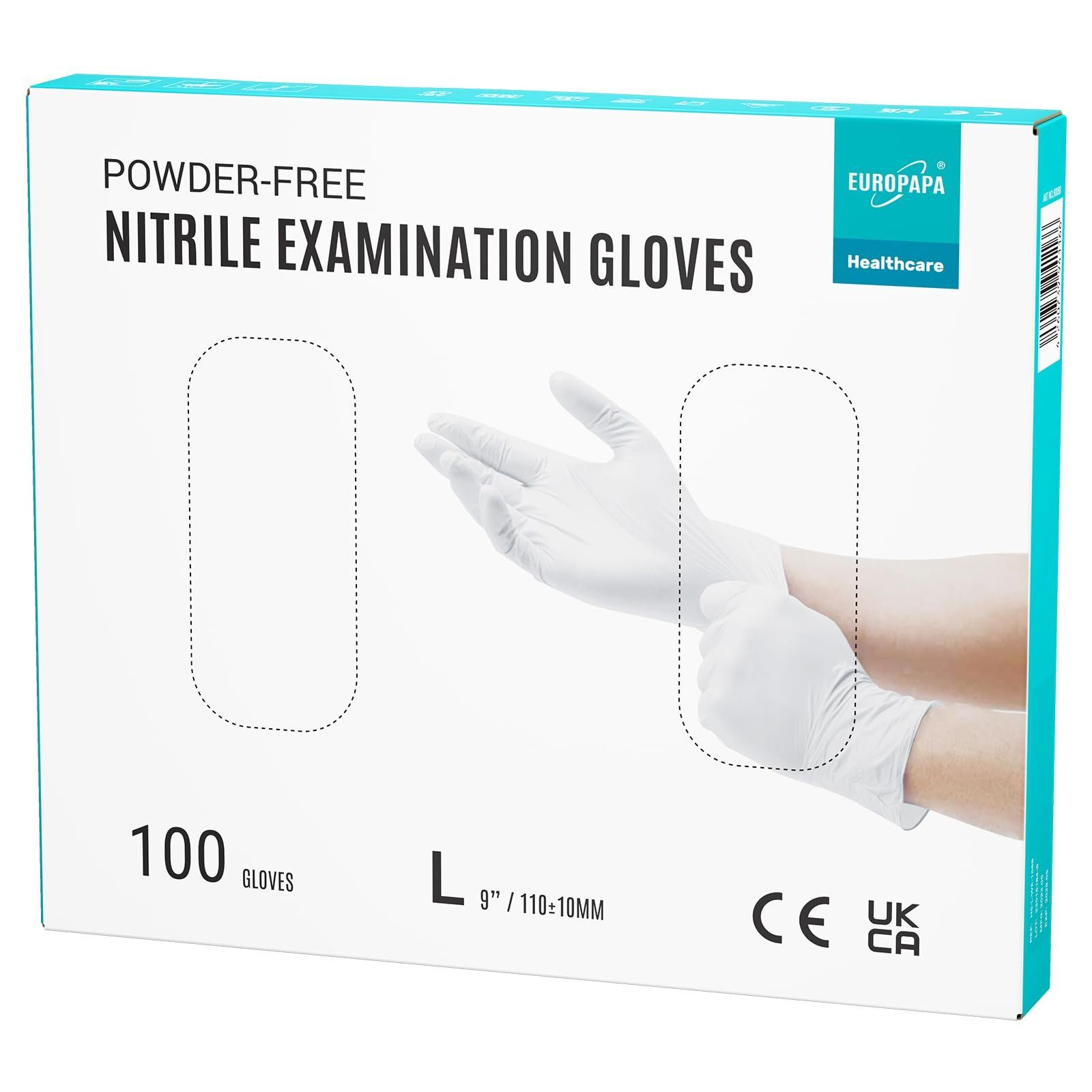 EUROPAPA Nitril-Handschuhe Medical Einmalhandschuhe Untersuchungshandschuhe (100 Stück, puderfrei ohne Latex, Gummihandschuhe) unsteril latexfrei disposible gloves
