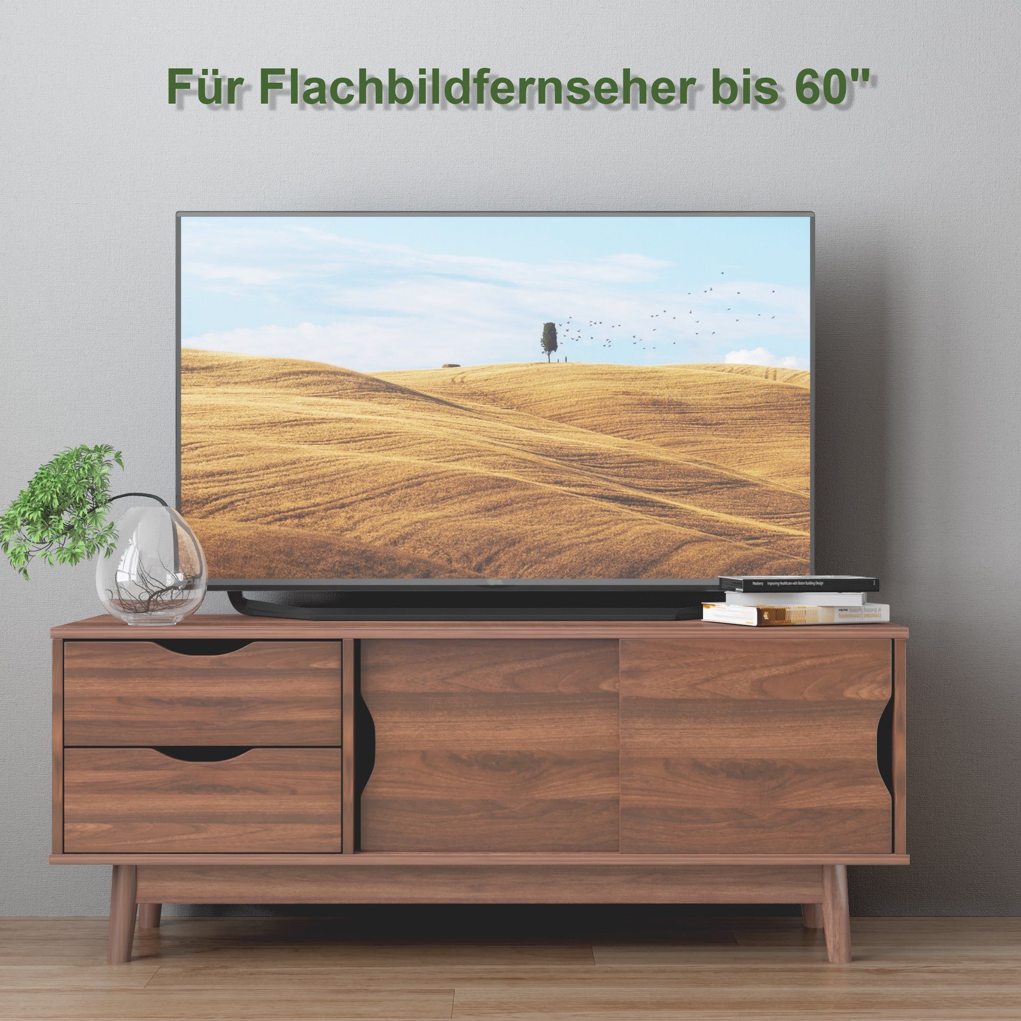 COSTWAY TV-Schrank mit & 120 cm 2 2 Schubladen Walnuss Schiebetüren