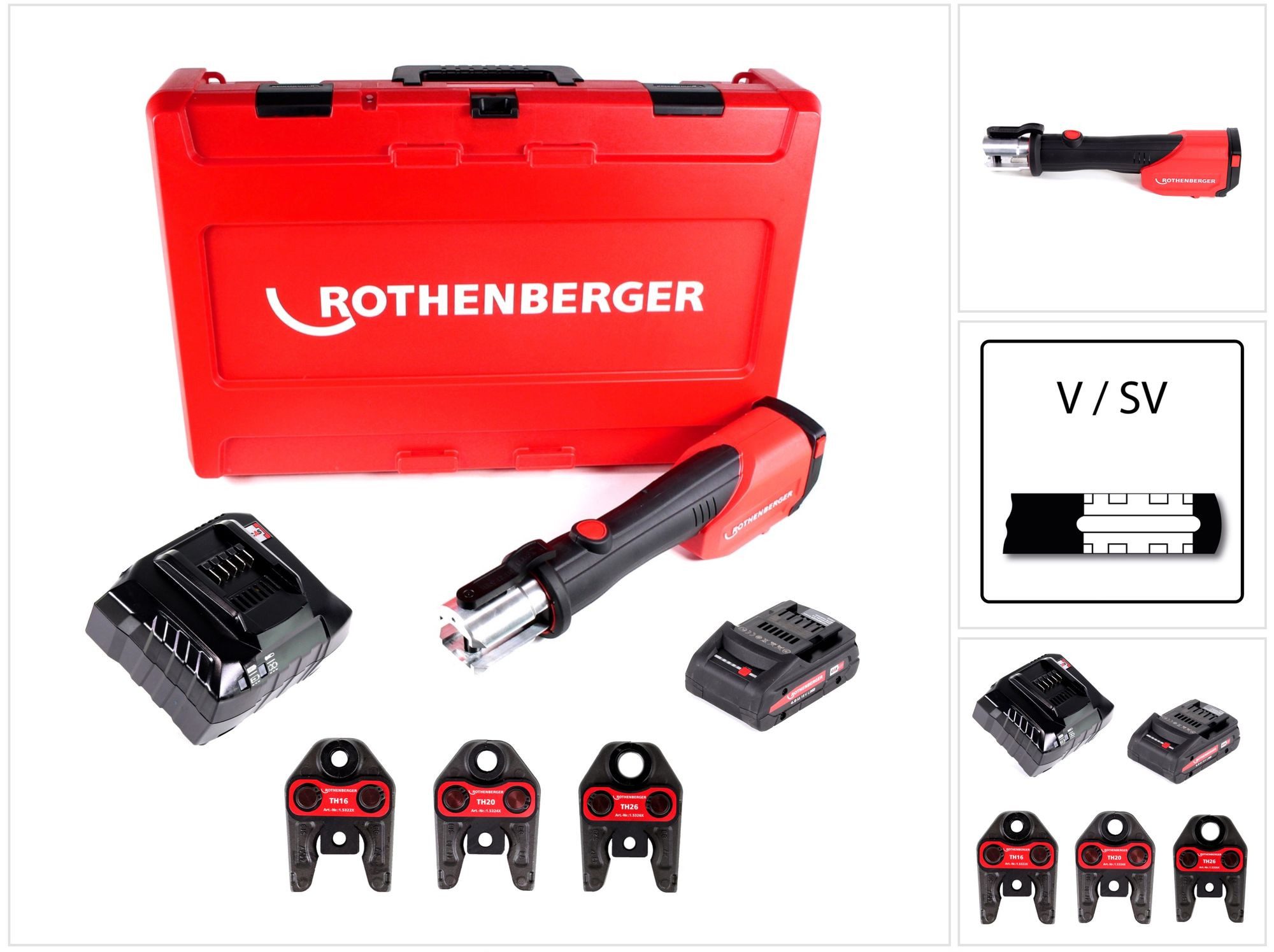 Rothenberger Werkstattpresse ROMAX 4000 Set TH16-20-26 mm Akku Pressmaschine + 1x Akku 4,0Ah + Lad