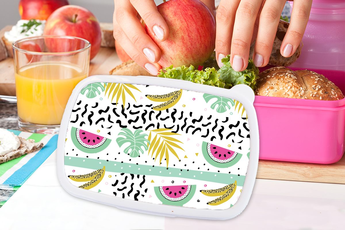 MuchoWow Lunchbox Mädchen, Blätter, Sommer - Kinder, - (2-tlg), Kunststoff Snackbox, rosa Brotdose für Früchte Erwachsene, Brotbox Kunststoff