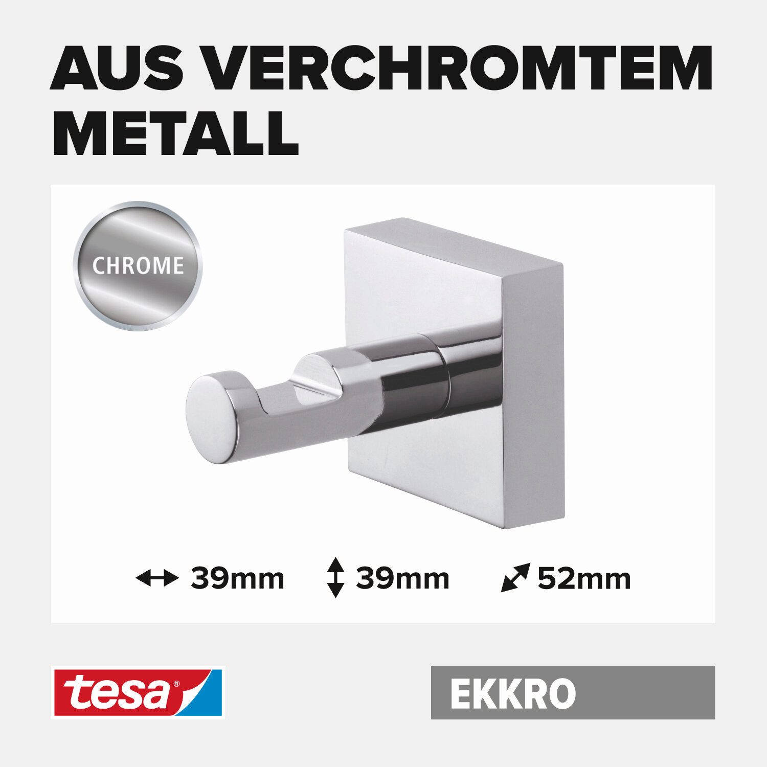 tesa Handtuchhaken EKKRO Handtuchhaken ohne Bohren - 3,9 cm : 3,9 cm : 5,2 cm, Badezimmer, Gäste-WC, Wandmontage, (Packung, 1-St., inkl. Klebelösung), selbstklebende Handtuchstange - chrom - silber glänzend