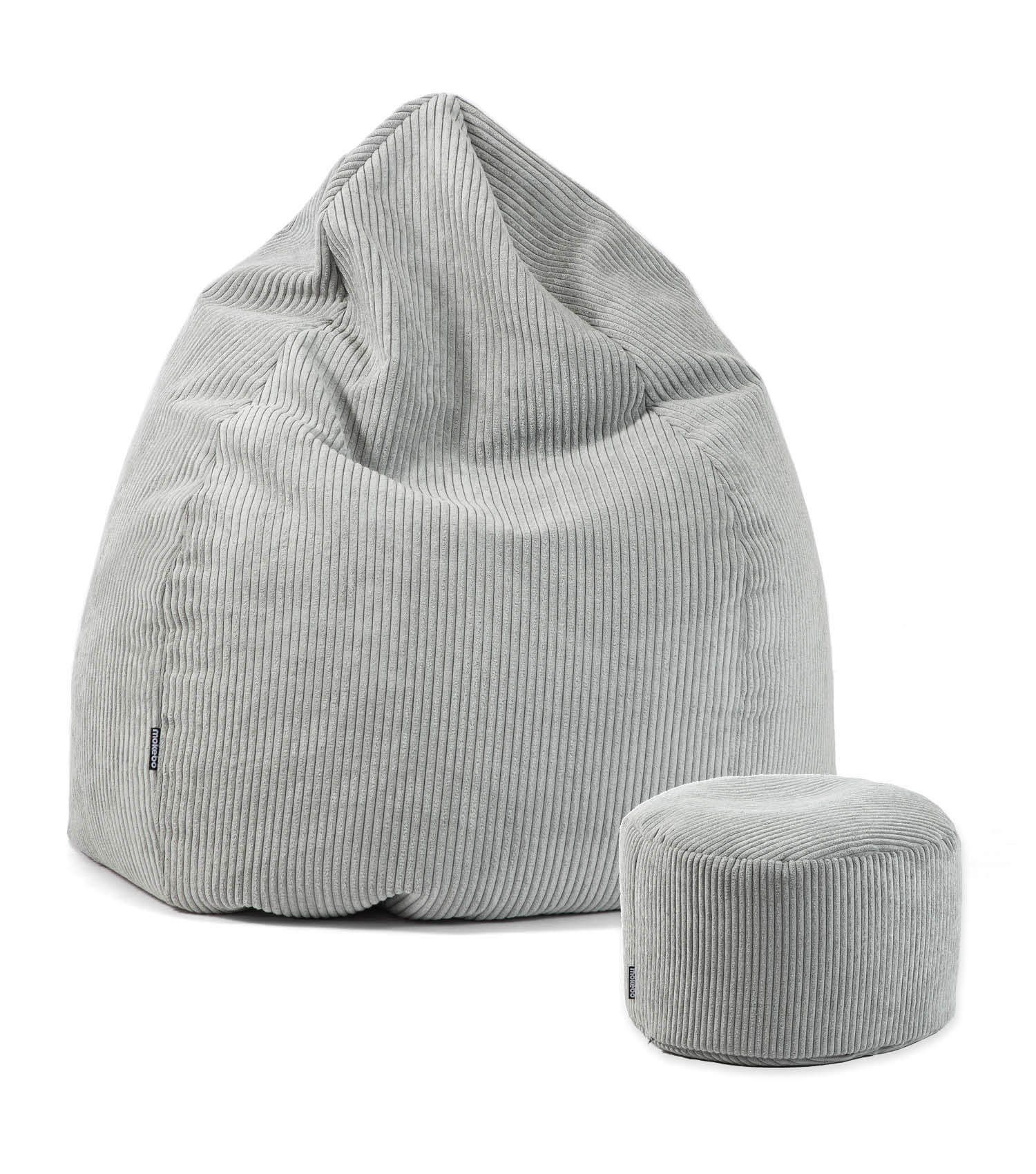 mokebo Sitzsack Der Tagträumer (mit Hocker), Bean Bag mit Pouf als Set in Grau, Sitzkissen mit Puff aus Cordstoff
