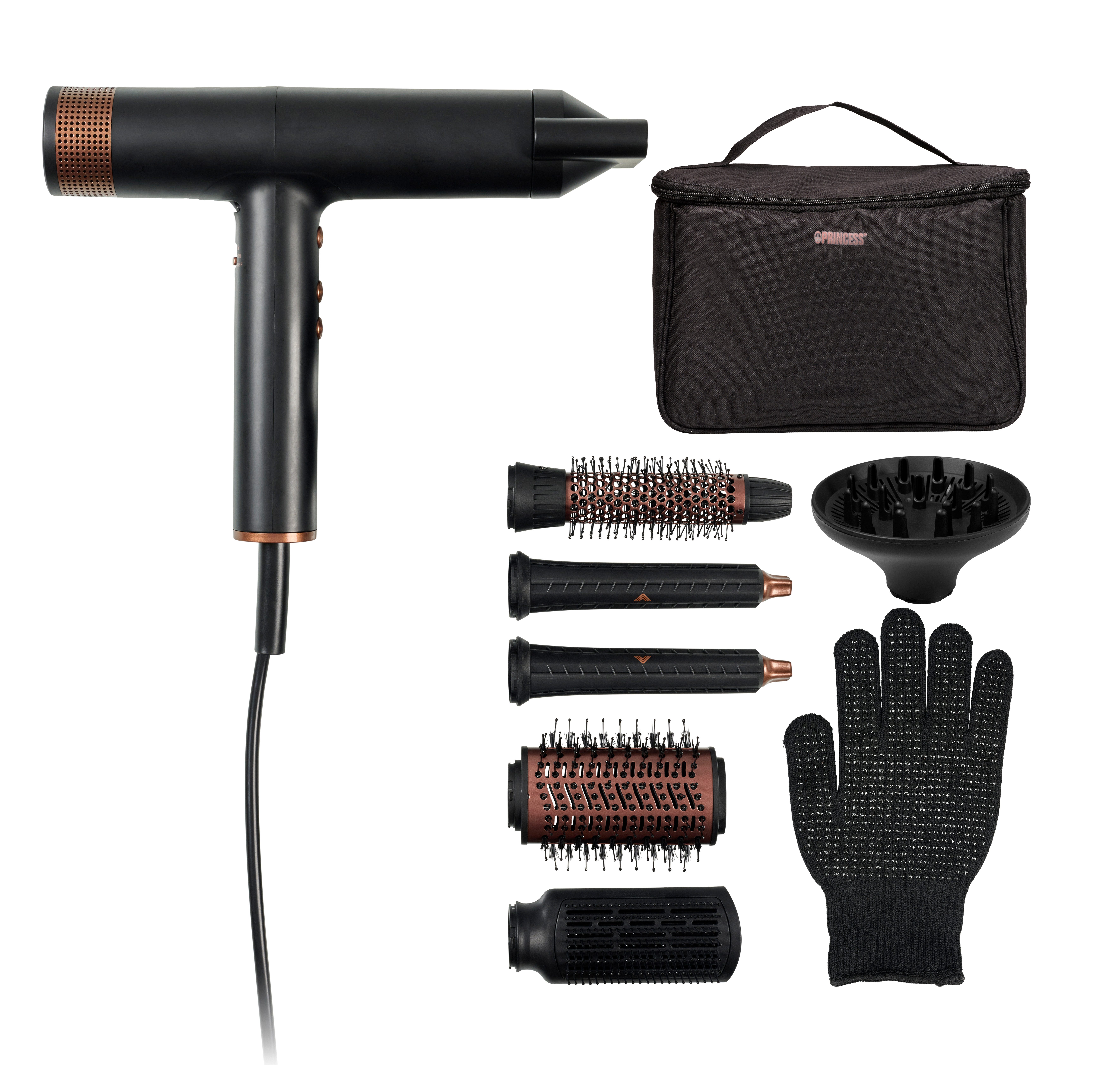 PRINCESS Haartrockner Princess 529205 Airstyler Pro – 7-in-1 Stylinggerät – Benutzerfreundli, 2000 W, 3 Heiz-/Gebläsestufen, Ionen, Coolshot, 7 Aufsätze, Tasche