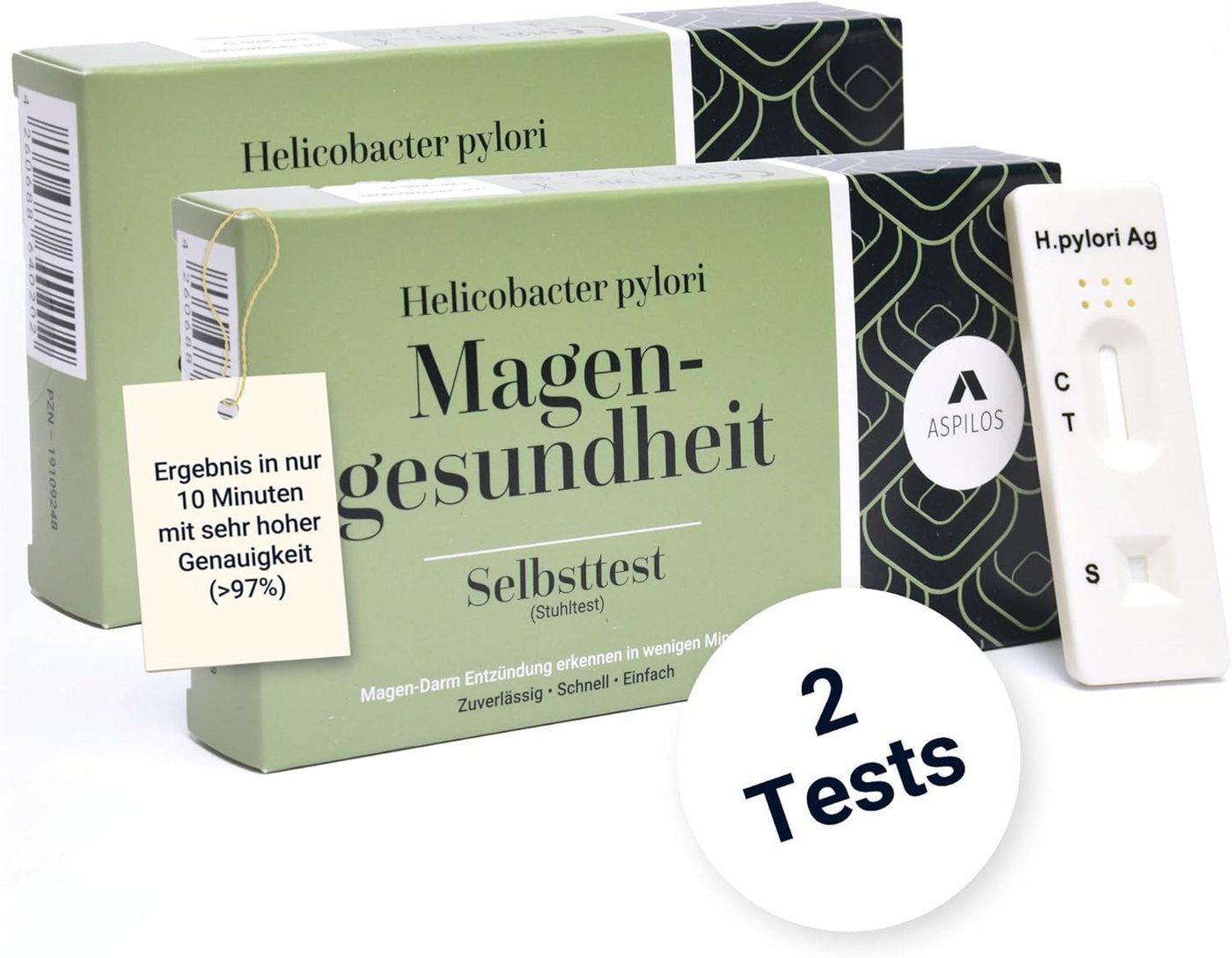 ASPILOS Helicobacter Pylori-Schnelltest Magengesundheit Selbsttest für Zuhause in 10 Minuten, selbst durchführbar, H. pylori Test, 2-tlg., Stuhltest, Helicobacter Test, Magen Darm Gesundheit
