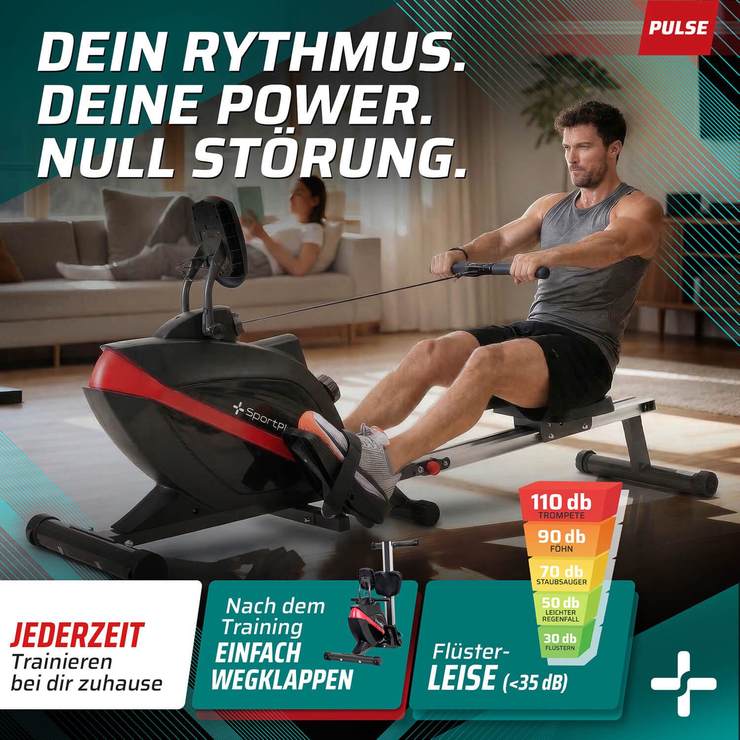 SportPlus Rudergerät Klappbar Schwarz, Magnetbremse, 8 Widerstandsstufen, 8 kg Schwung., 8 Widerstandsstufen, Rudermaschine, Magnetbremssystem, klappbar