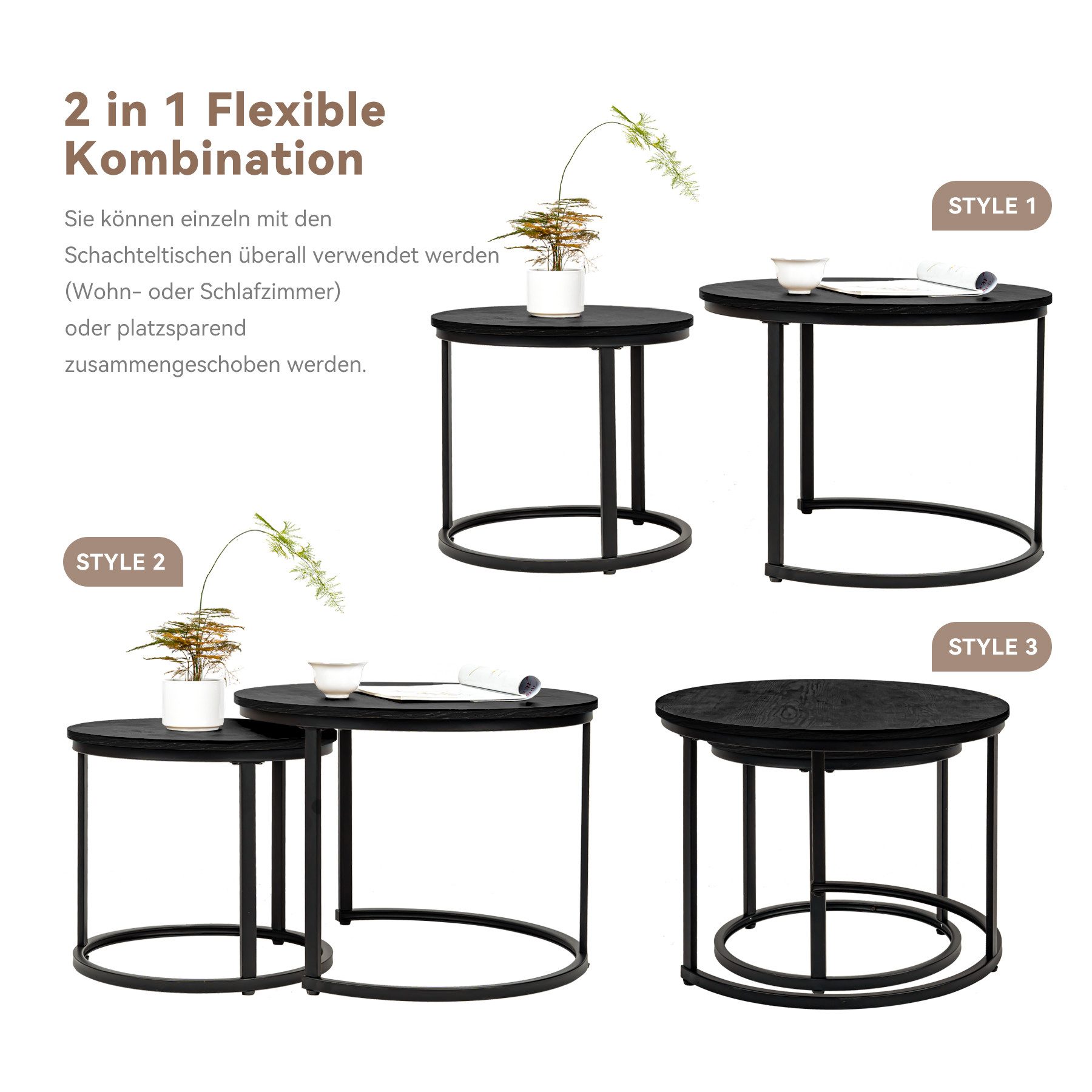 HawthyHome Couchtisch 2er-Set runde Beistelltische aus Holz & Metall (2-St), Moderne Kaffeetische für Wohnzimmer Schlafzimmer – Bild 4 von 5
