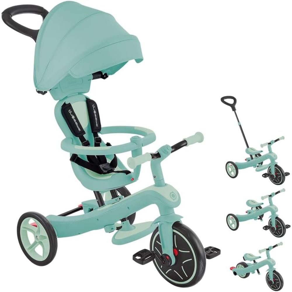 Globber Dreirad-Kinderwagen EXPLORER TRIKE 4in1 ECO Kinderwagen Dreirad Laufrad, (4-in-1 Kinderfahrzeug), Mit 5-Punkt-Gurt, Sicherheitsbügel, Kopfstütze und Hinterradbremse