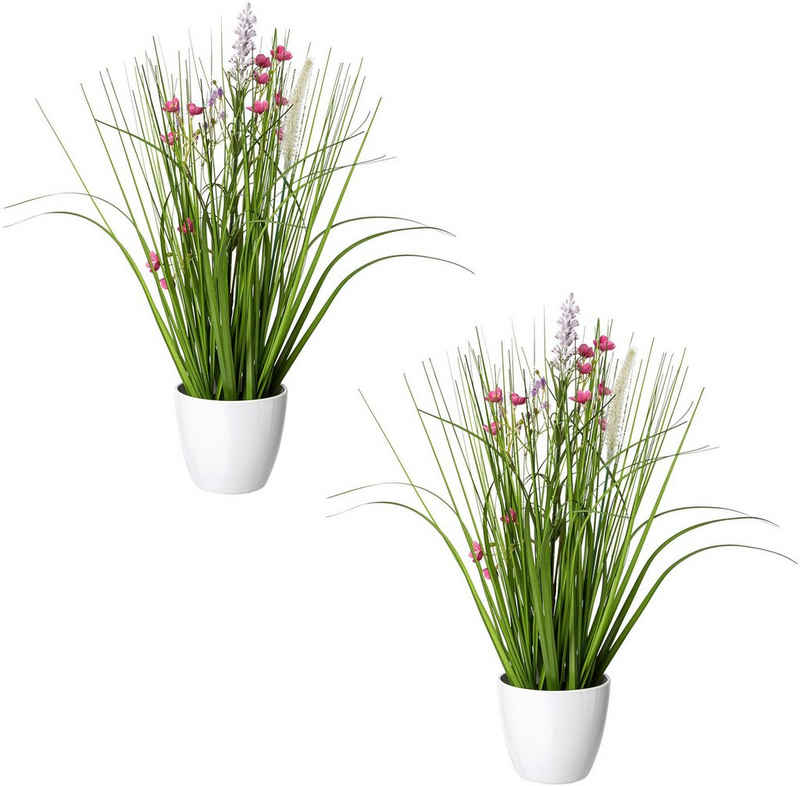 Kunstgras Blüten-Gras-Mix, Creativ green, Höhe 41 cm, in weißer Kunststoffschale