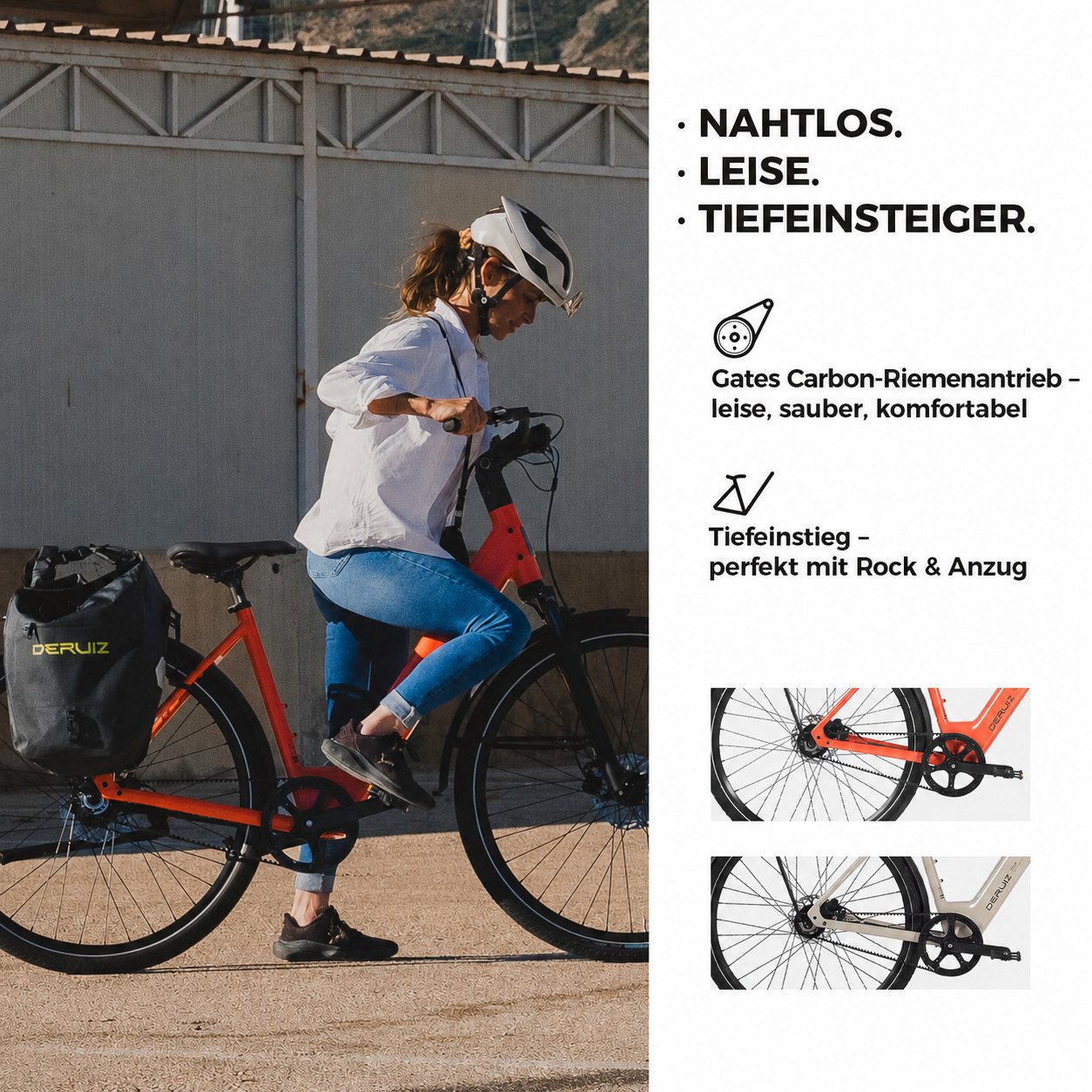 DERUIZ E-Bike Cityrad 28 Zoll, 110km, Kettenantrieb/Riemenantrieb, Bluetooth und APP, Heckmotor, 360 Wh, (Traglast ca. 140kg, RH: 48,5cm, nur ca. 20kg, für Damen und Herren), Kadenz- und Drehmomentsensor, 80Lux Licht, Elektrofahrrad