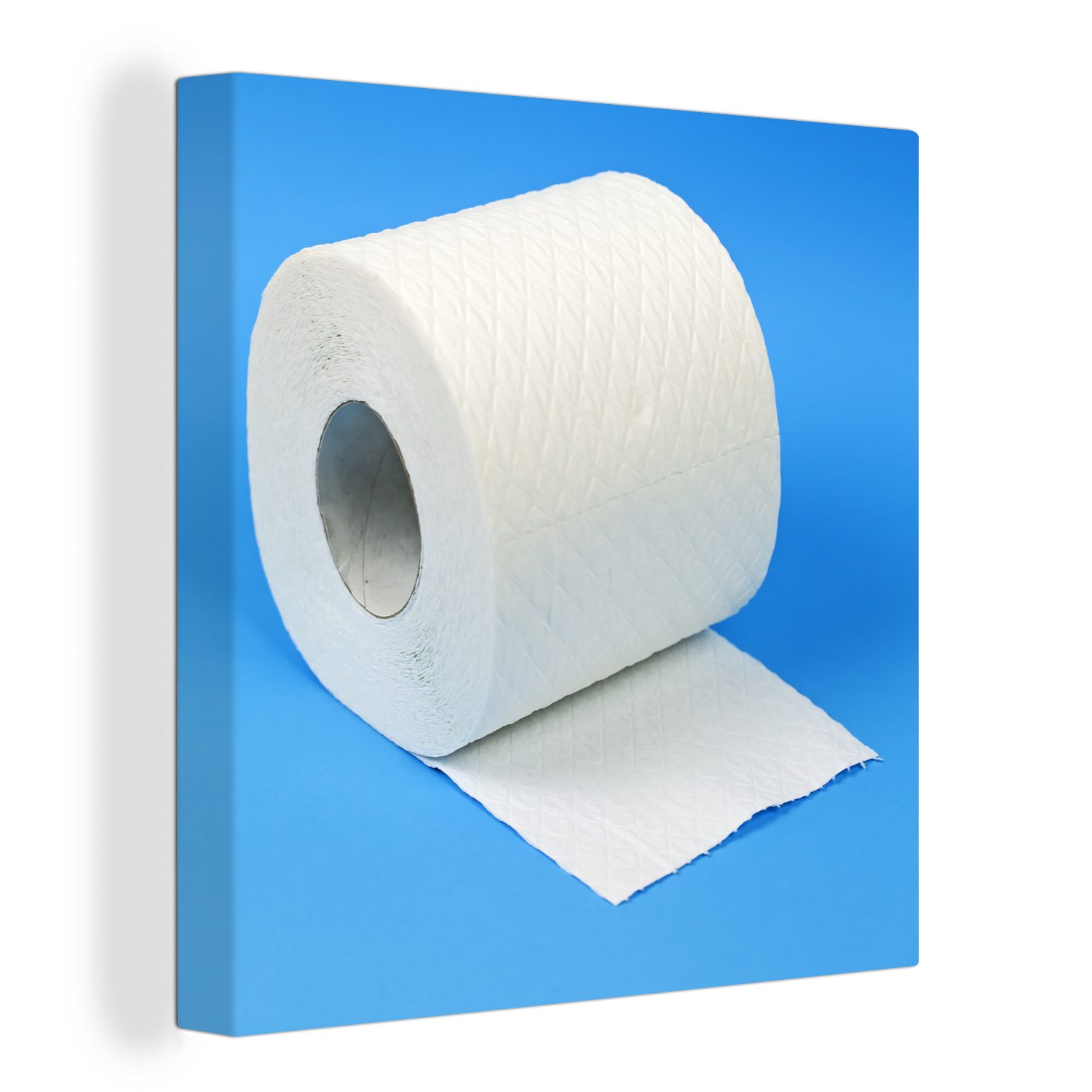 OneMillionCanvasses® Leinwandbild Toilettenpapier auf blau, (1 St), Leinwand Bilder für Wohnzimmer Schlafzimmer