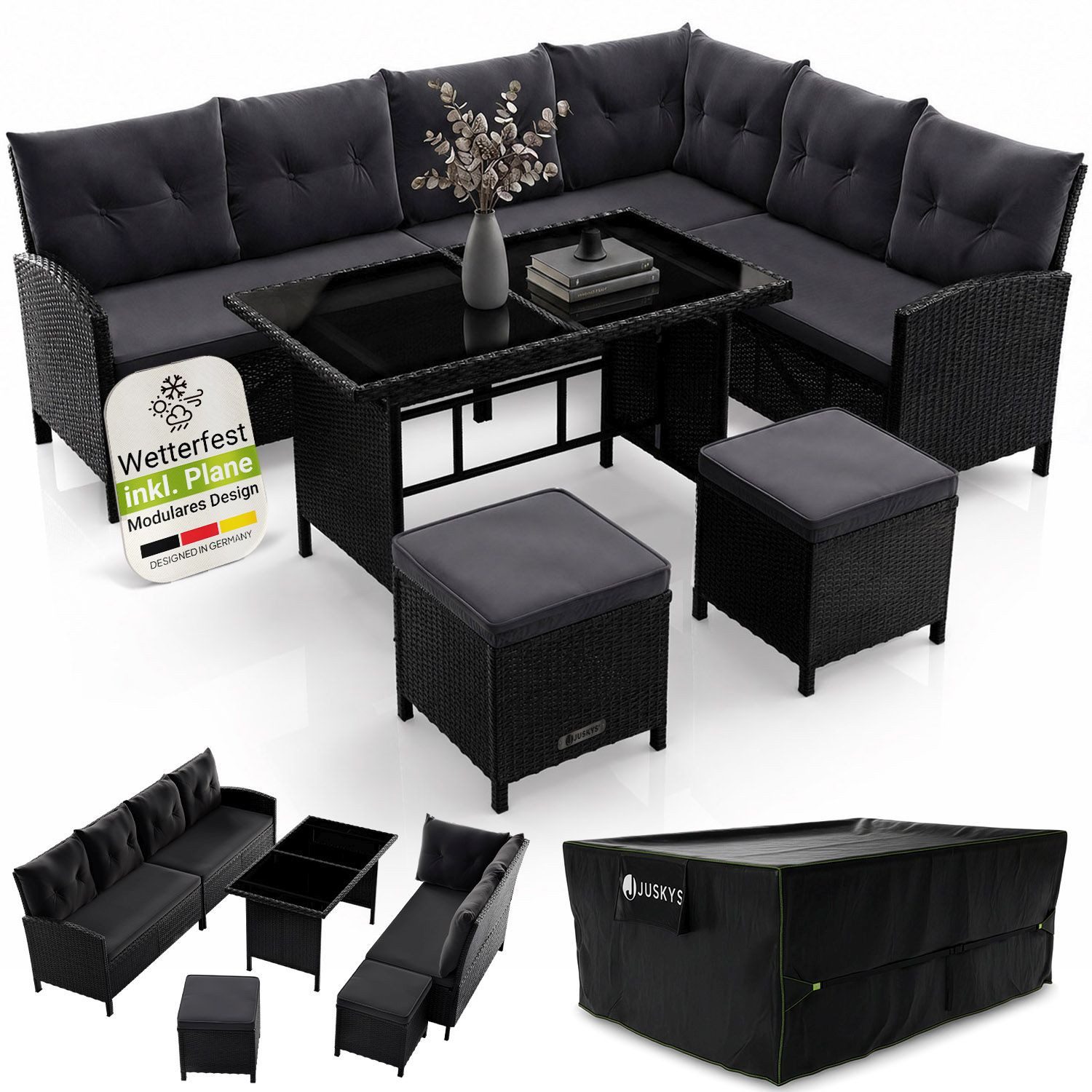 Juskys Gartenlounge-Set Manacor, (Gartenlounge), Polyrattan Gartenmöbel-Set mit Sofa, Tisch und Hocker inkl. Abdeckung