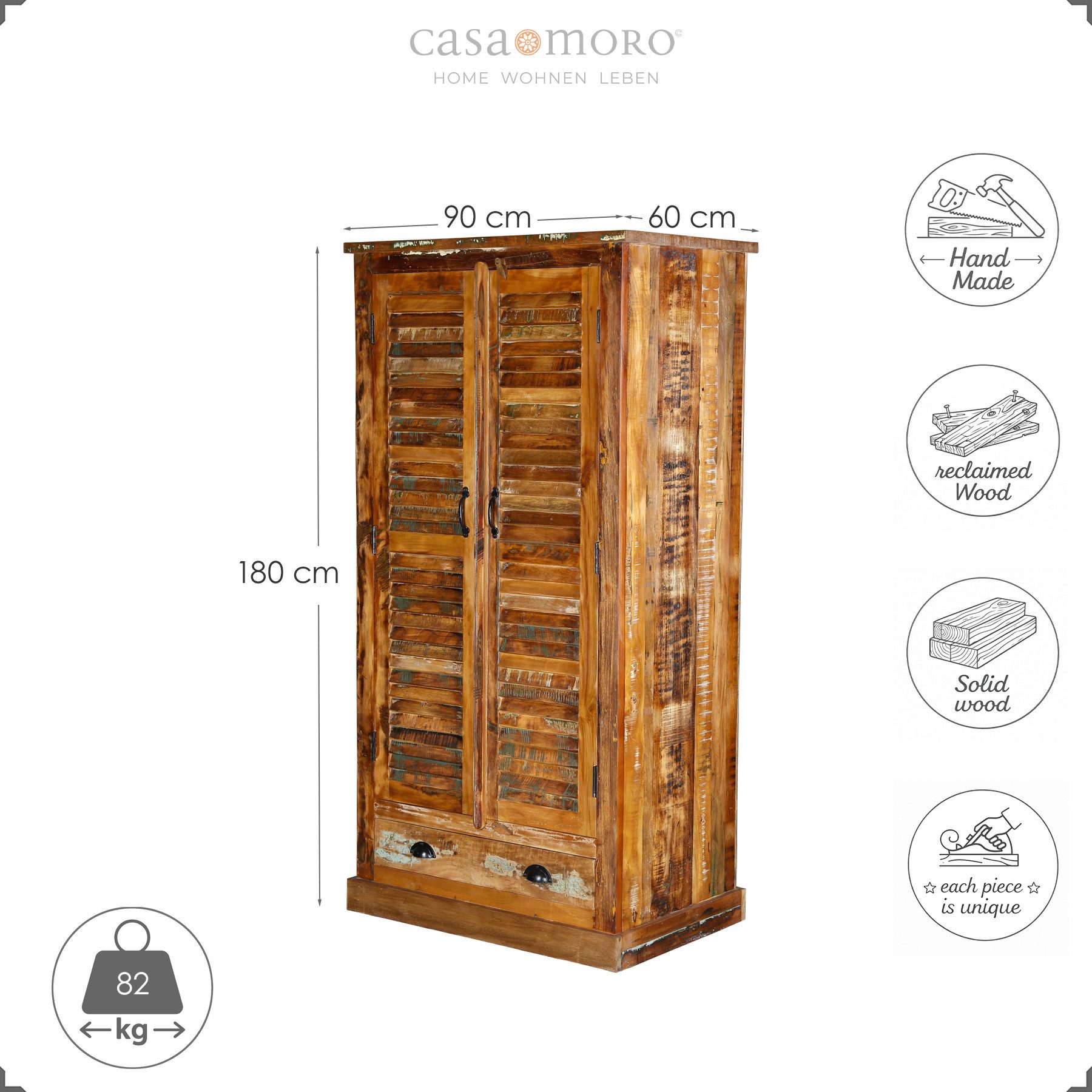 Casa Moro Kleiderschrank Schrank Massivholz Altholz 180 cm Hoch Schlafzimmer Wohnzimmer Flur massiver Aufbau: 82 kg Gewicht, viel Stauraum, handgefertigt, Unikat