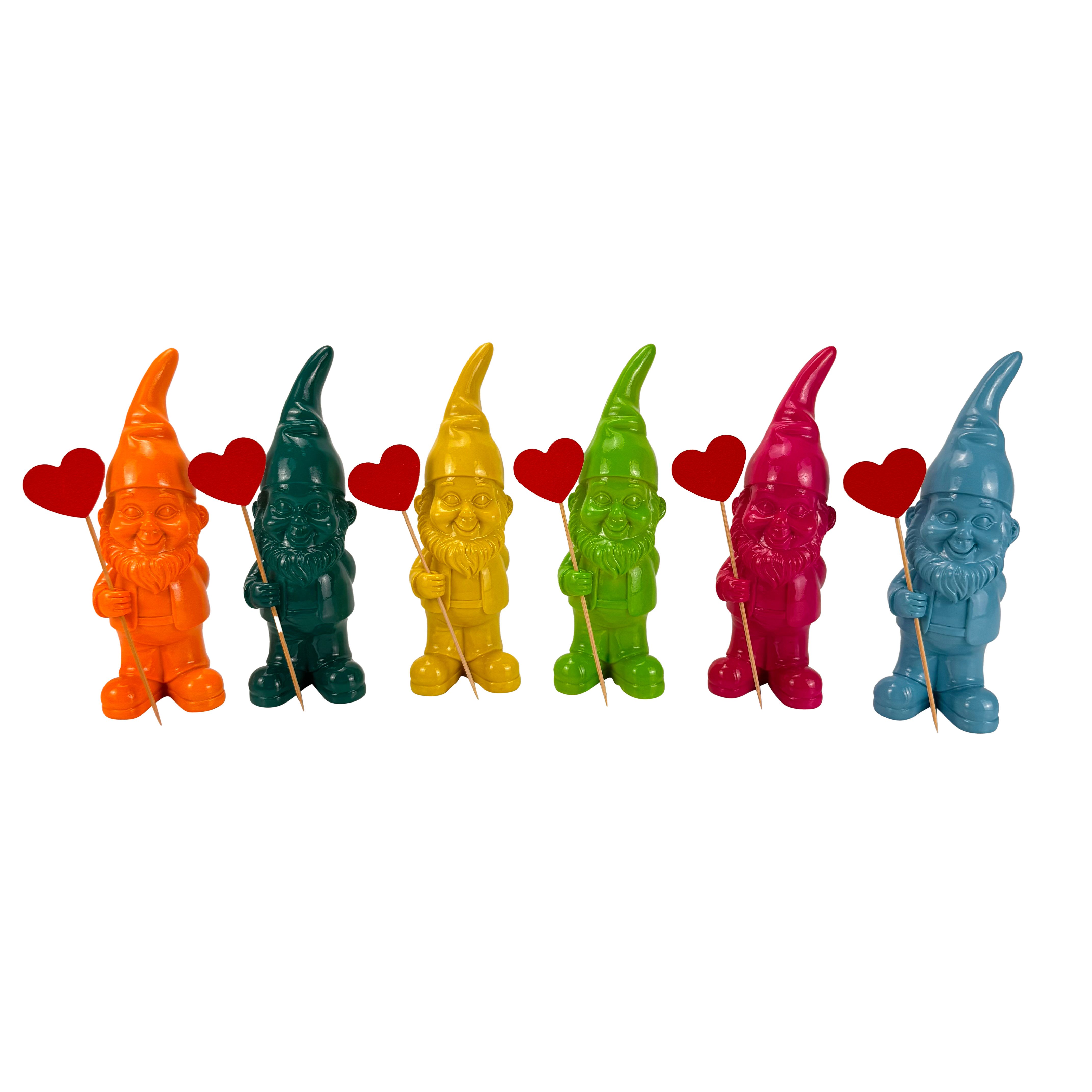 Online-Fuchs Gartenfigur für draußen - 6 lustig bunte Gartenzwerge, Wichtel - 17,5 cm groß, (inklusive Holzstecker mit Herz, 6 knallige Farben), Deko Figuren für Frühling, Sommer und Herbst - 6er Set!!!!