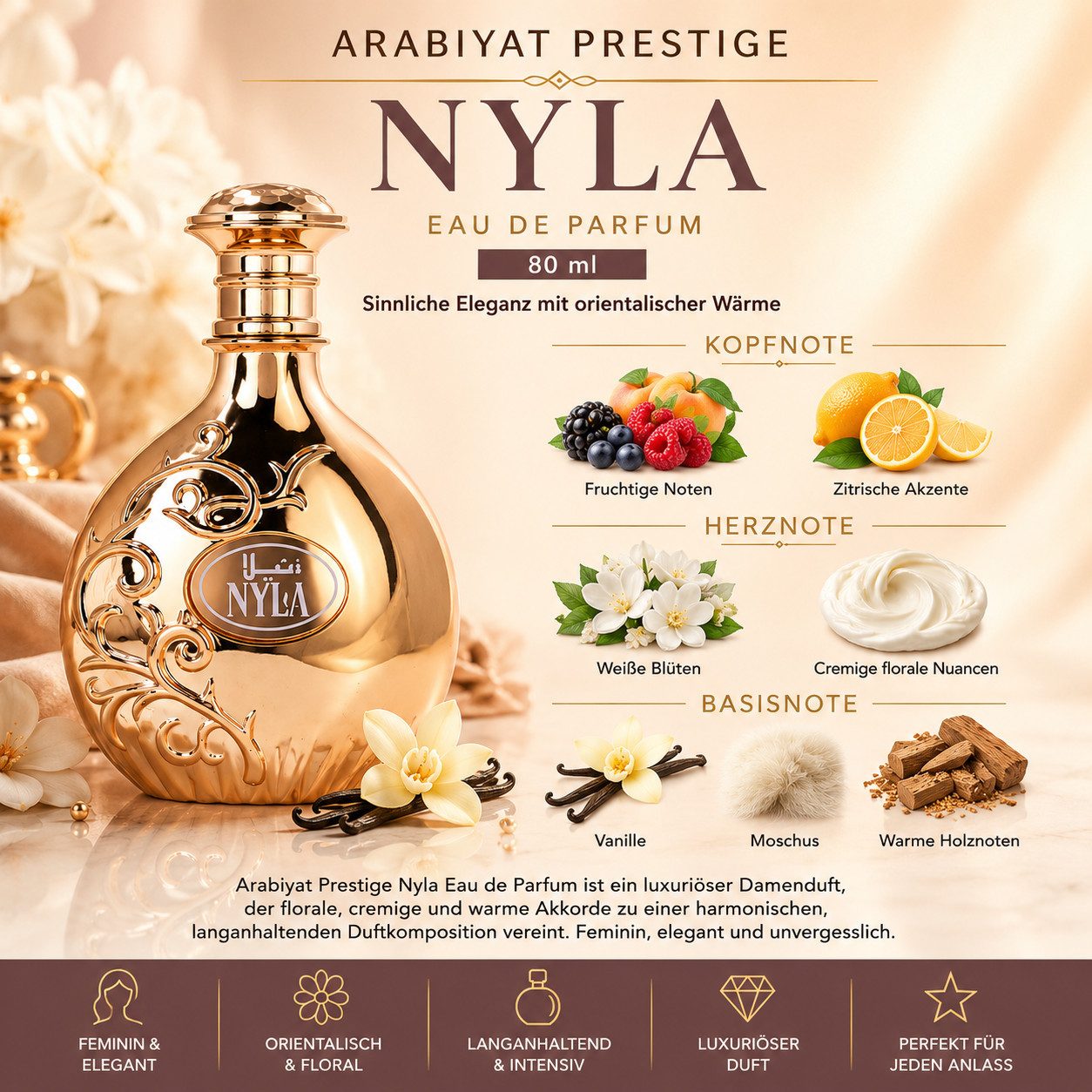 Arabiyat Prestige Eau de Parfum Nyla Eau de Parfum 80 ml Damenparfum Orientalisch Floral, Lang anhaltender Duftcharakter mit eleganter orientalischer Wärme
