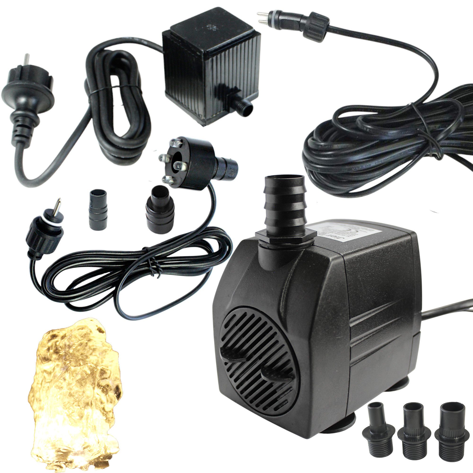 Arnusa Springbrunnenpumpe mit LED Quellsteinbeleuchtung Wasserpumpe Bachlaufpumpe 12V, Pumpe für Wasserspiele