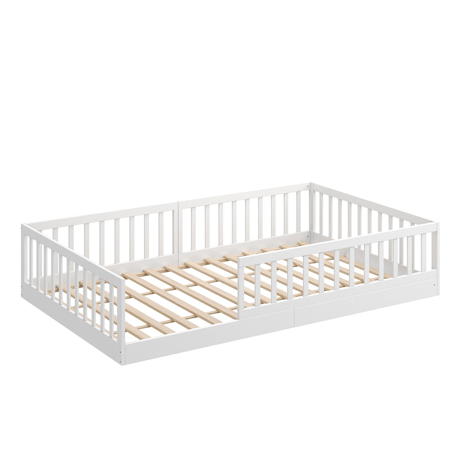 CADANI Kinderbett Timi Bodenbett bis 200 kg belastbar mit abnehmbarem Rausfallschutz (120x200 cm, Montessori Kinder- & Jugendbett aus Kiefer Massivholz), inkl. stabilem Roll-Lattenrost, Weiß