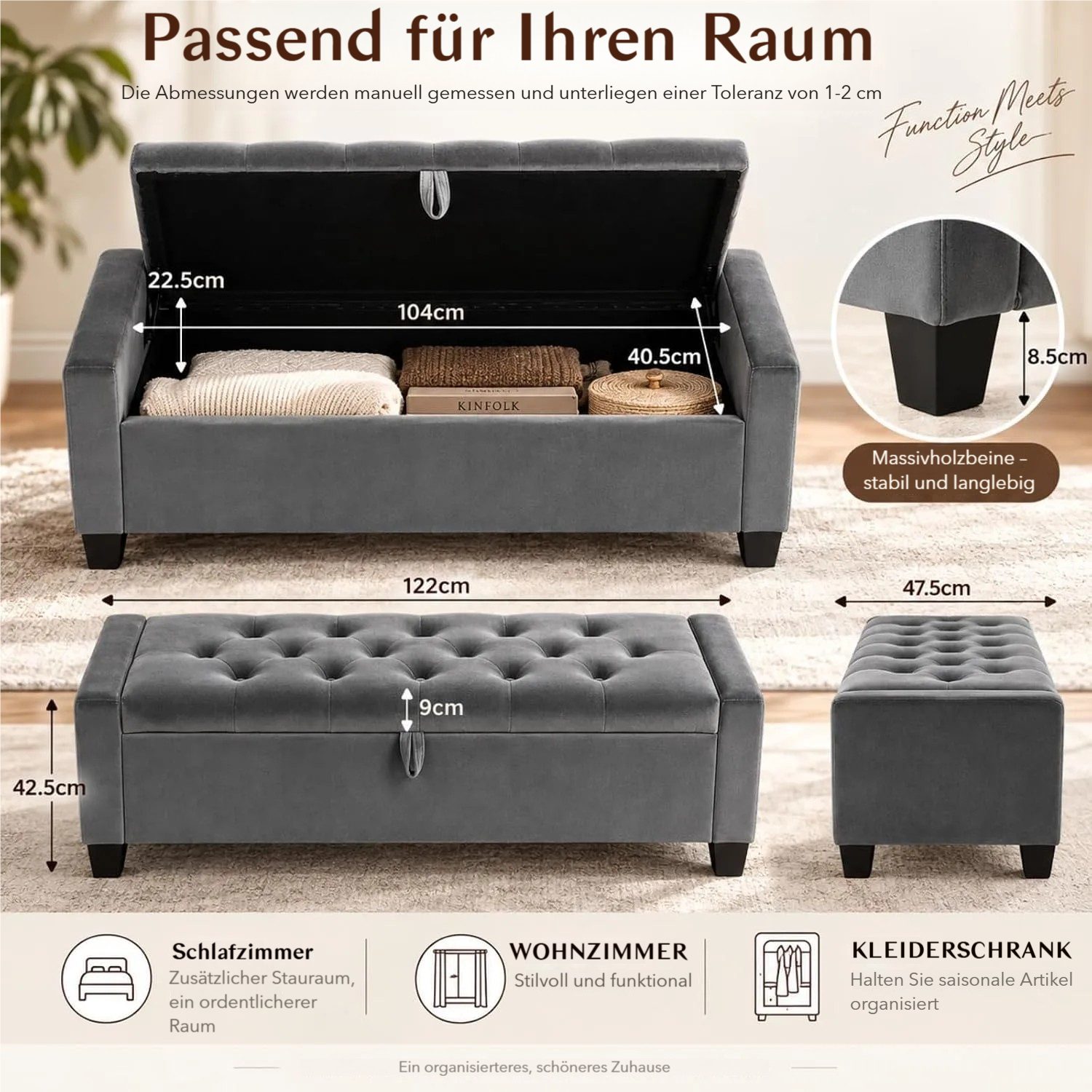 TLGREEN Bettbank Samt Sitzbank mit Stauraum,123x49x42 cm Aufbewahrungsbank, (bis 200 kg belastbar), für Wohnzimmer Schlafzimmer Flur – Bild 2 von 5