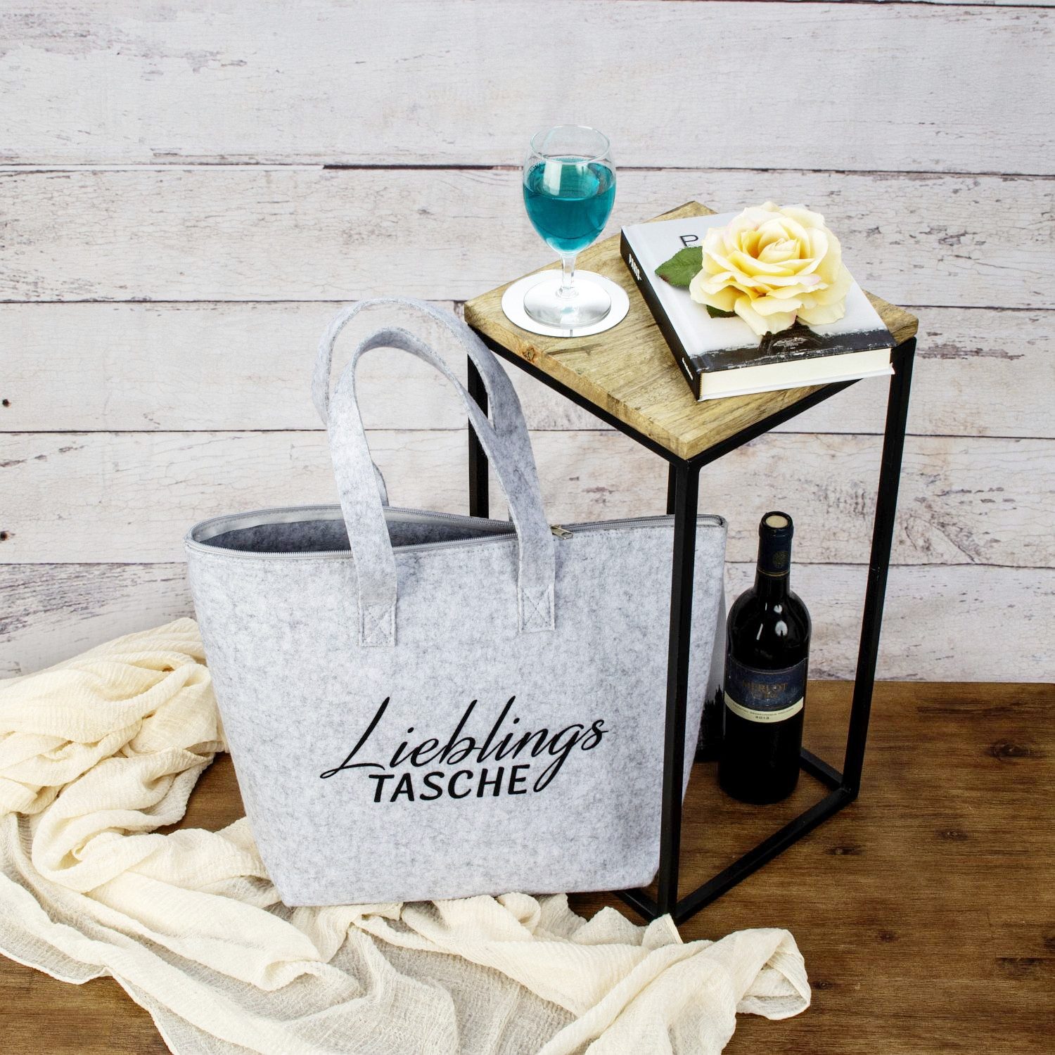 Macosa Home Einkaufsshopper Filztasche Lieblingstasche mit Reißverschluss in Hellgrau 45 cm, Einkaufstasche Alltagstasche Aufbewahrungstasche