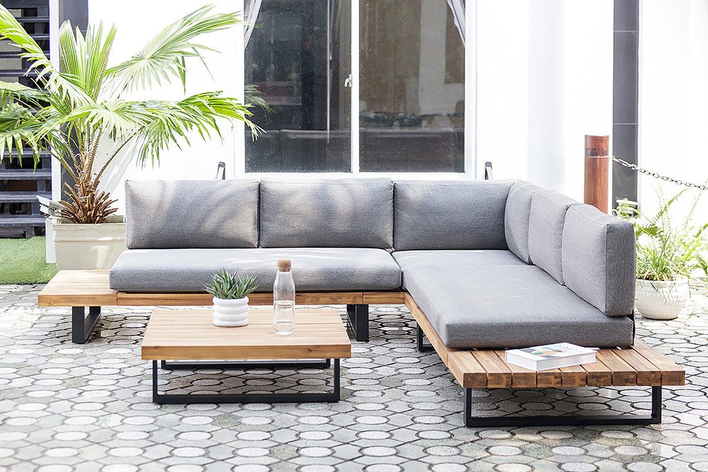 riess-ambiente Gartenlounge-Set ST. BARTH 255cm grau natur – Outdoor Sitzecke inkl. Tisch & 9 Kissen, (Set, 2-tlg), wetterbeständige Sitzgruppe, moderne Outdoor Terrassenmöbel