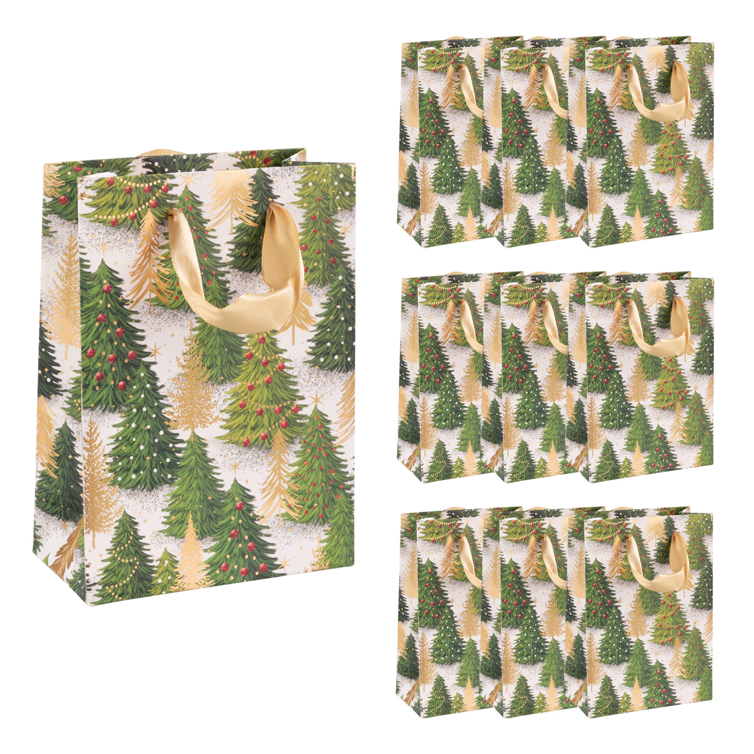 Idena Geschenkpapier Idena Bundle Geschenktaschen Tanne grün/gold 16x11,5x6cm 10 Stück