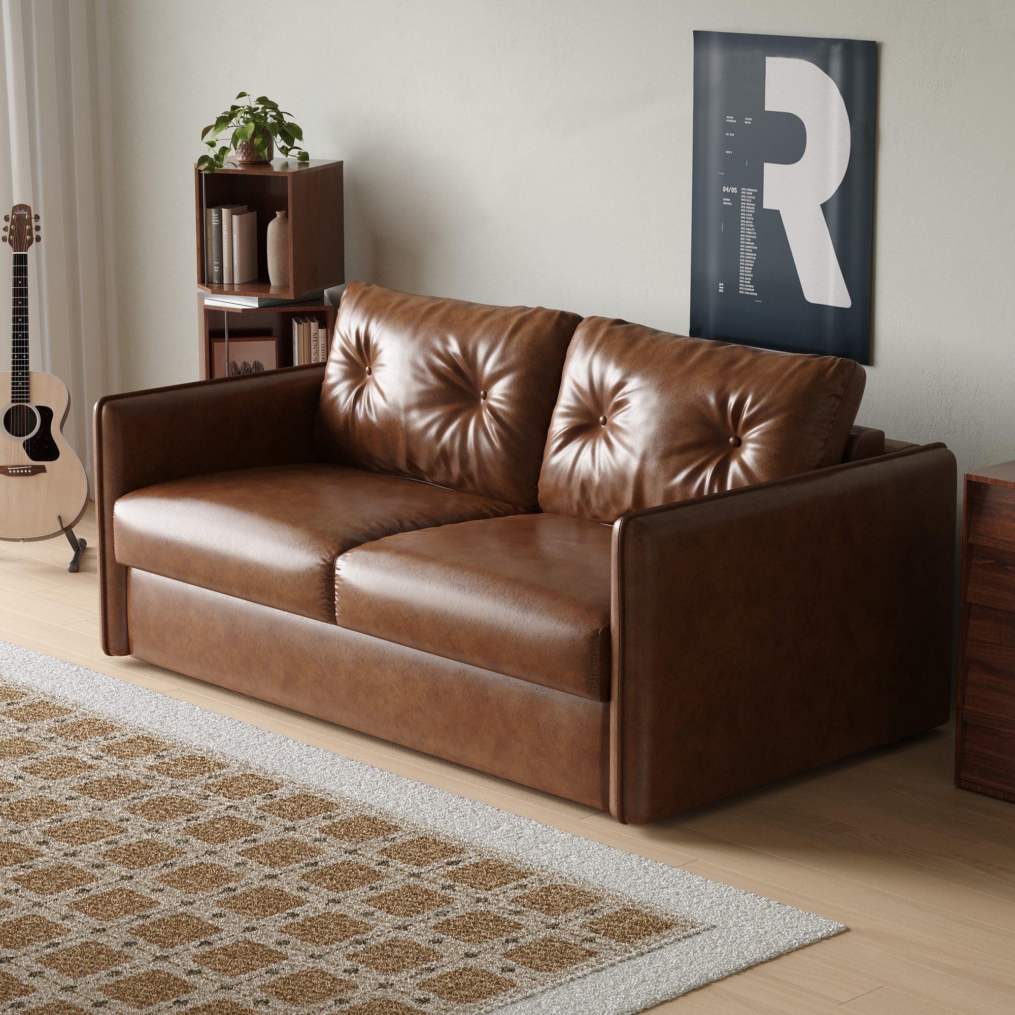 oleyluckidea Schlafsofa 3-in-1 schlafcouch ausziehbar,160cm mit Matratze,sofabett Lederoptik, Set, Zum Bett umwandelbar, braun – Bild 2 von 5