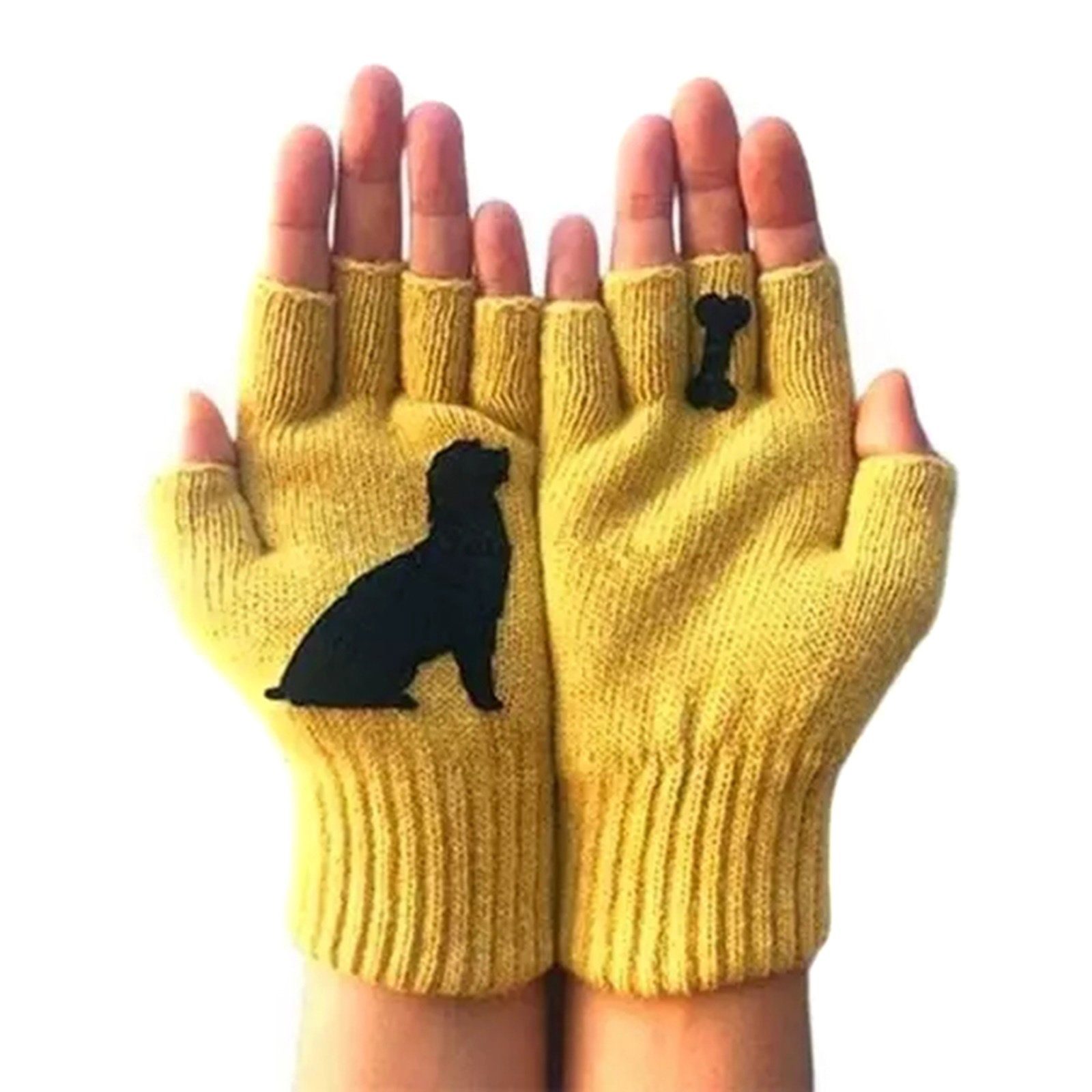 Blusmart Strickhandschuhe Hundehandschuhe Für Damen, Niedlicher Welpe, Bedruckt, Warme Gelb | Strickhandschuhe
