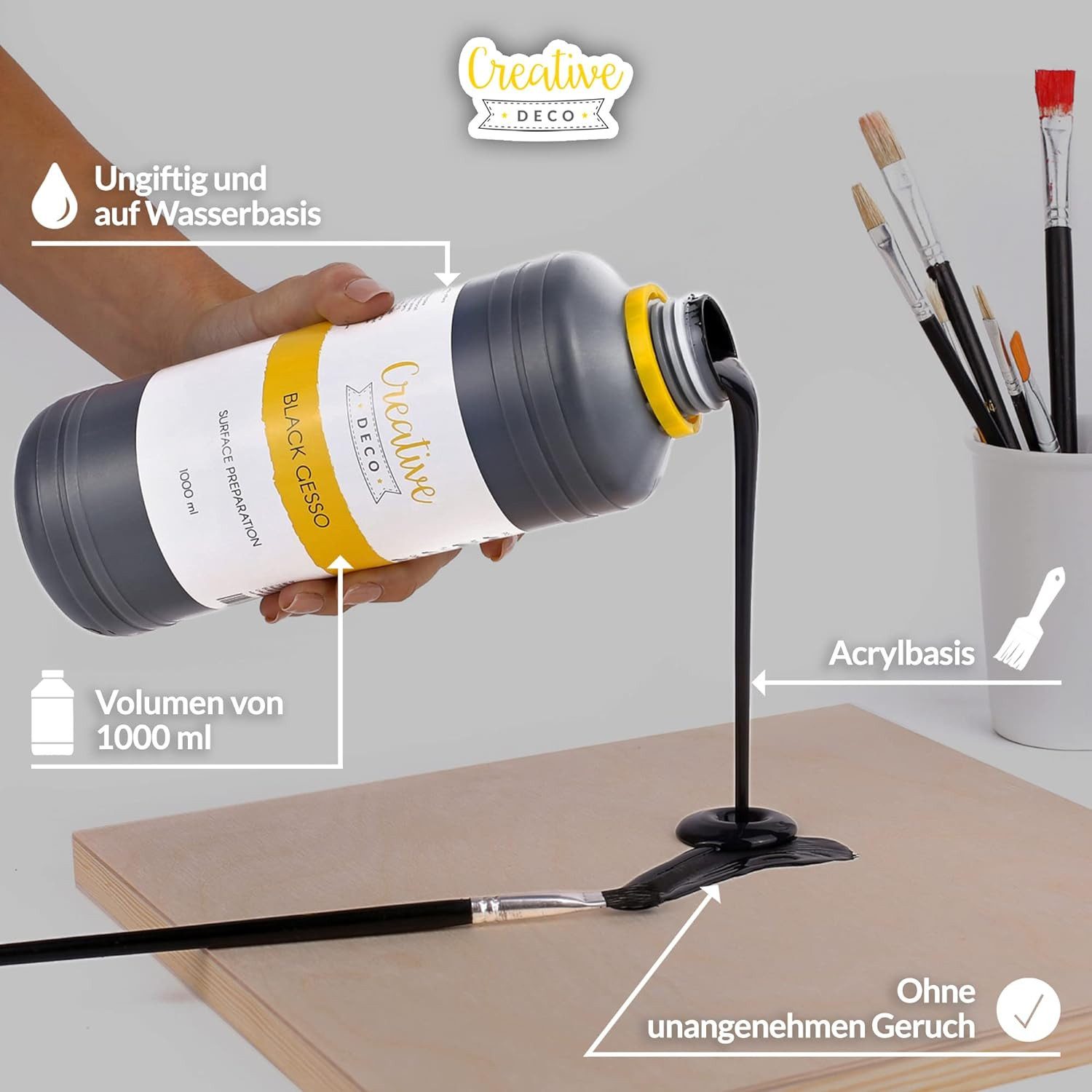 Creative Deco Grundierfarbe Professionell Gesso 1L Perfekte Grundierung für Malerei, Primer für Acryl-Farben, Öl-Farben, Pouring, Decoupage