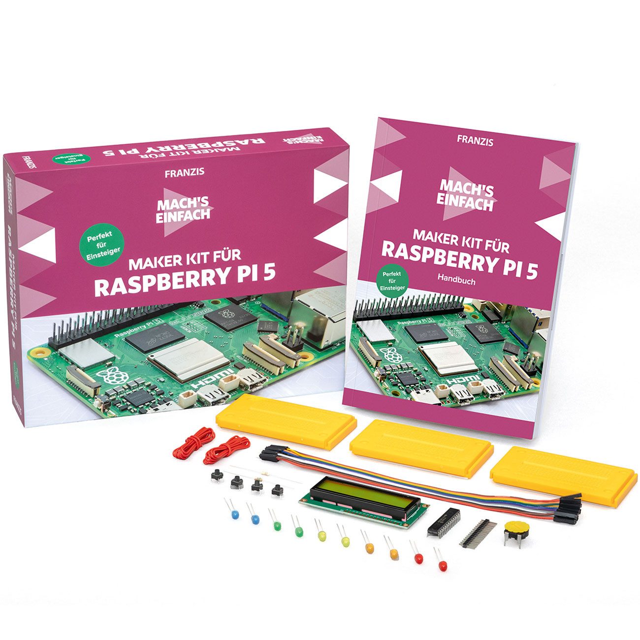 Franzis Experimentierkasten Maker Kit für Raspberry Pi 5, LED-Programmierung, Python & Scratch, (mehrteilig-tlg), Raspberry Pi 5 Lern-Bausatz mit LCD, LEDs & Handbuch für Python
