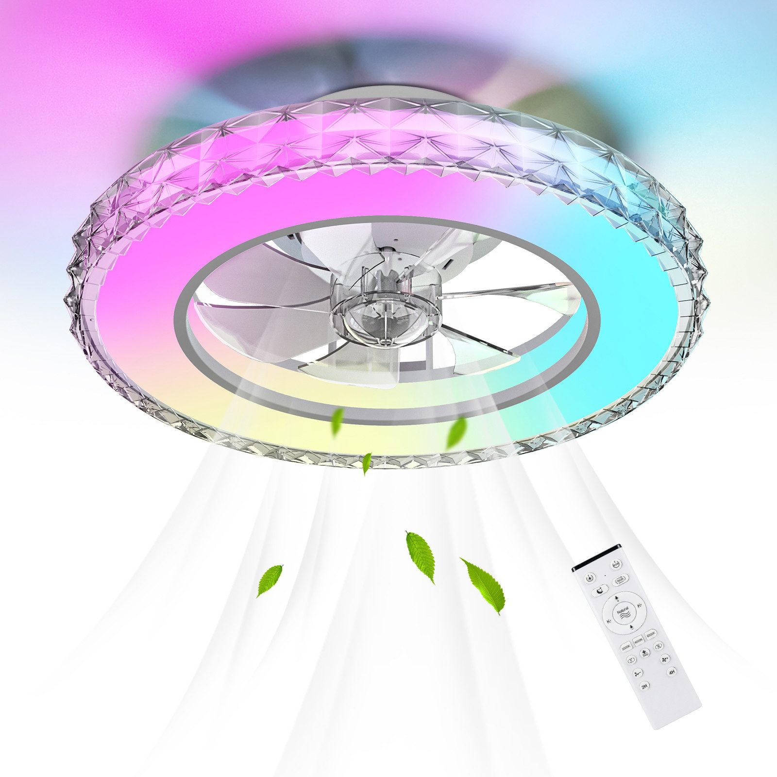ATEROLL Deckenventilator mit Beleuchtung mit Kristall-Optik, LED 3CCT, RGB, dimmbar, Leiser Deckenventilator mit Fernbedienung,Timer,Memoryfunktion