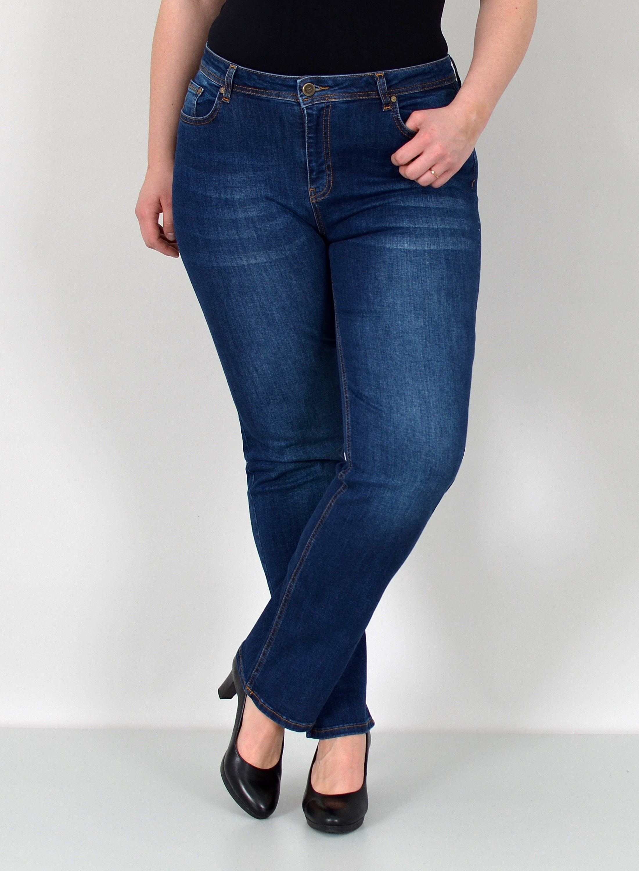ESRA Straight-Jeans Damen Jeanshose Gerader Schnitt Stretch Hose hoher Bund bis Plus Size Straight Jeans Damen High Waist Hose Stretch Jeans Regular Übergröße