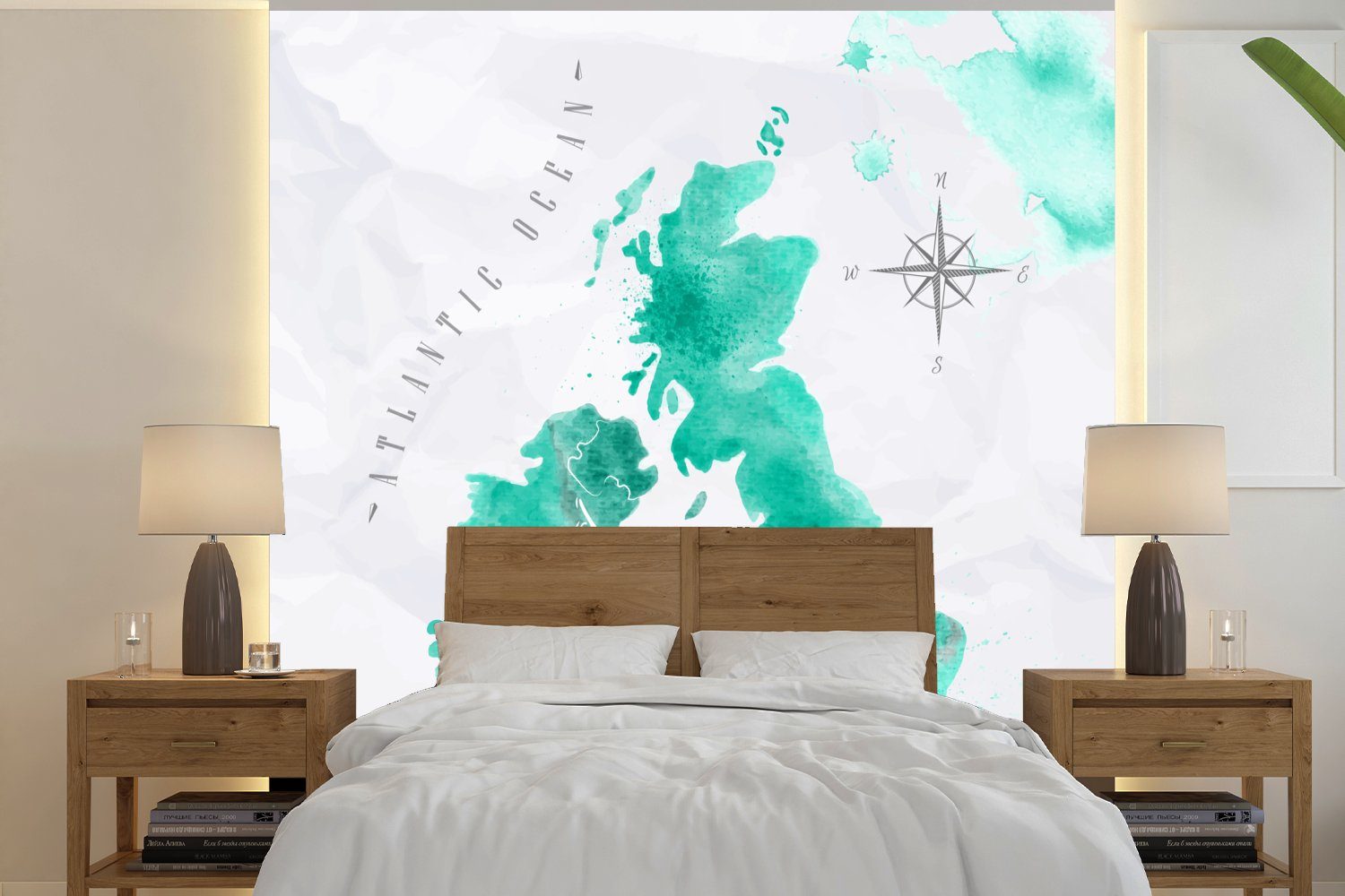 MuchoWow Fototapete Aquarell - Weltkarte - England, Matt, bedruckt, (4 St), Vliestapete für Wohnzimmer Schlafzimmer Küche, Fototapete