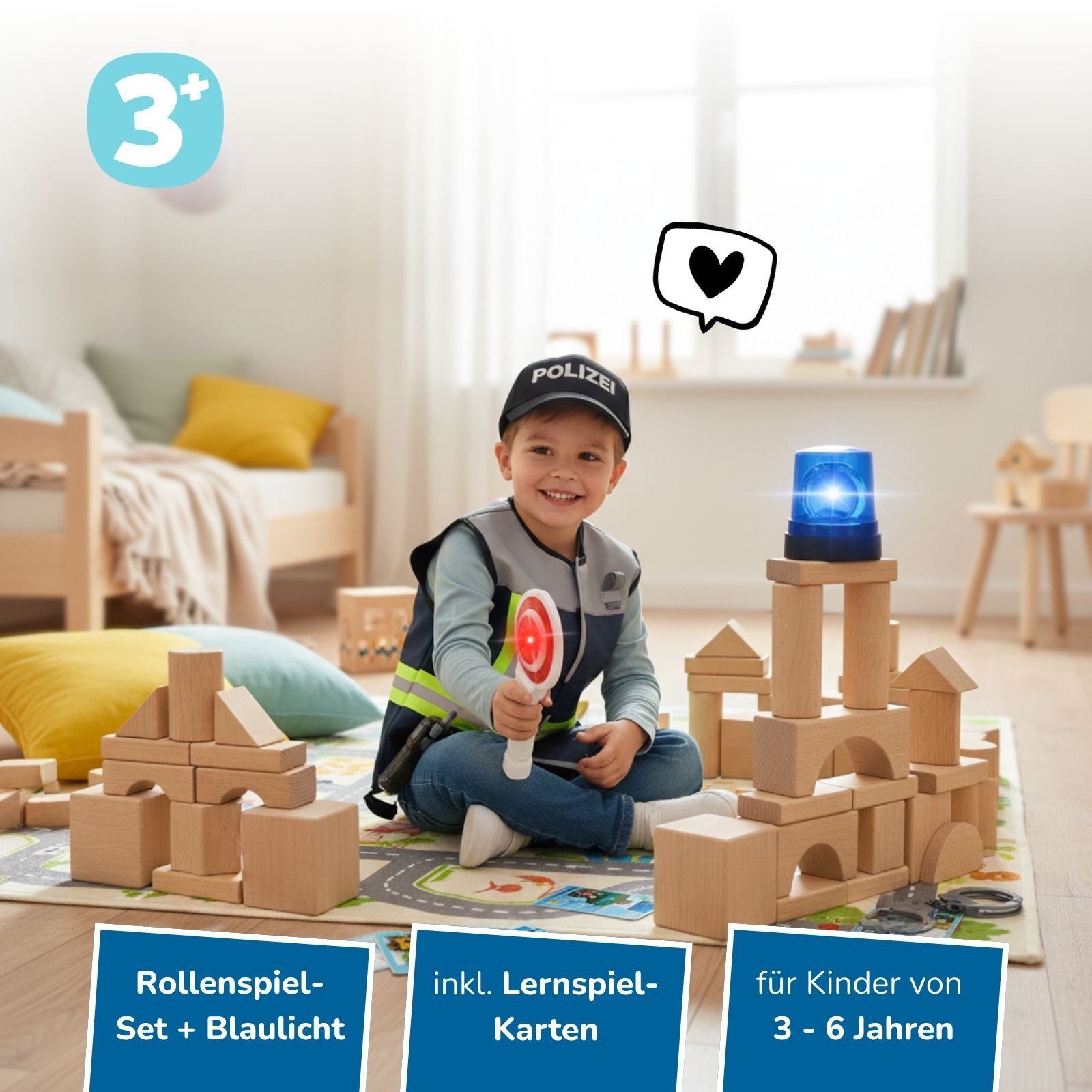 alldoro Spielzeug-Schutzweste Polizei Rollenspiel & Lernset, Polizei-Kostüm inkl. LED-Blaulicht, für Kinder 3-6 Jahre, Verkleidung mit Weste, Cap, Zubehör & 8 Karten