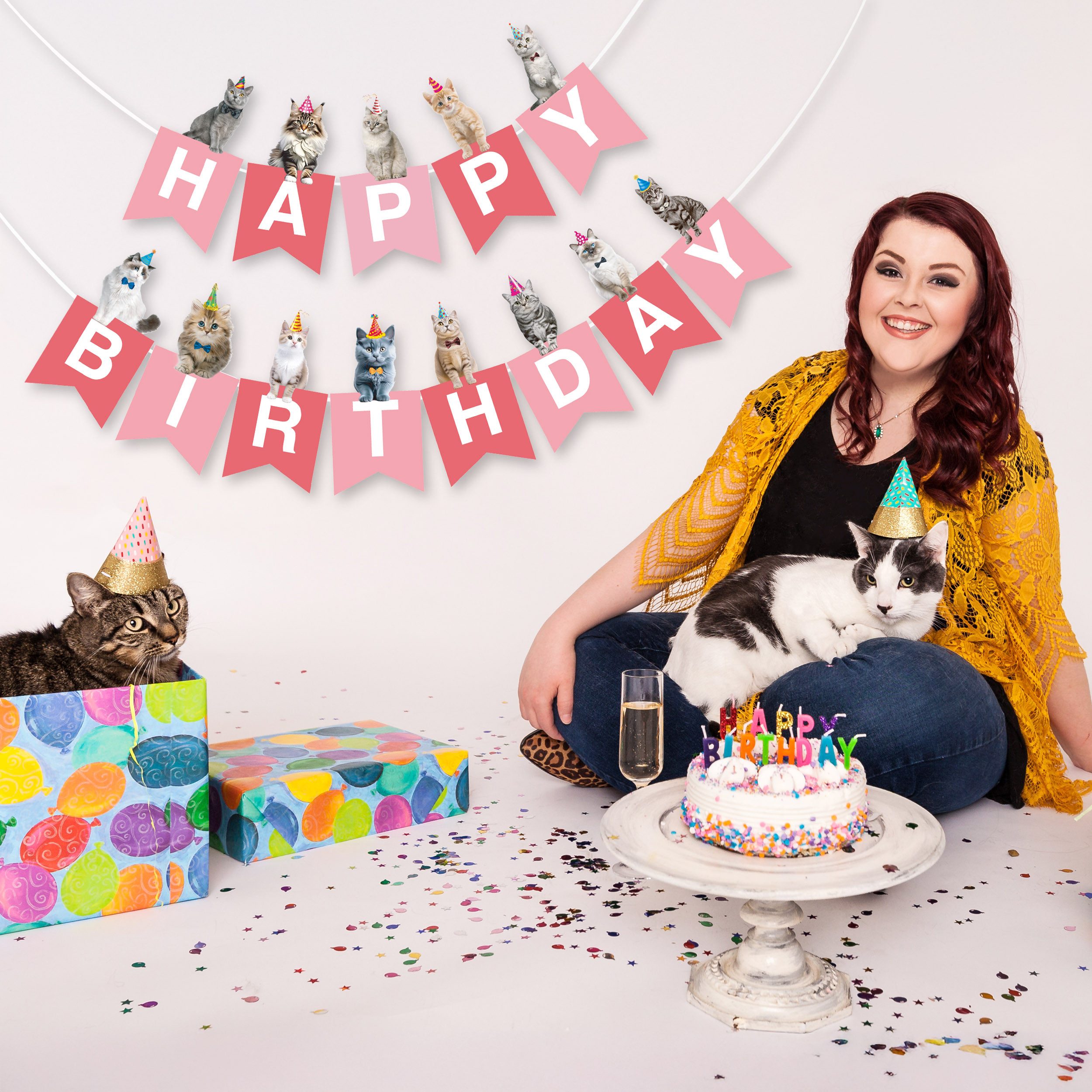 BRUBAKER Wimpelkette Happy Birthday mit Party Katzen - Geburtstag Deko Party Banner, Geburtstagsgirlande für Jungen und Mädchen - Tier Girlande