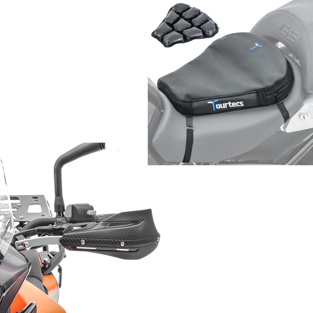 Tourtecs Sitzbank Set: Luftkissen Air Deluxe M + Handprotektoren Enduro XD4 Motocross Ha