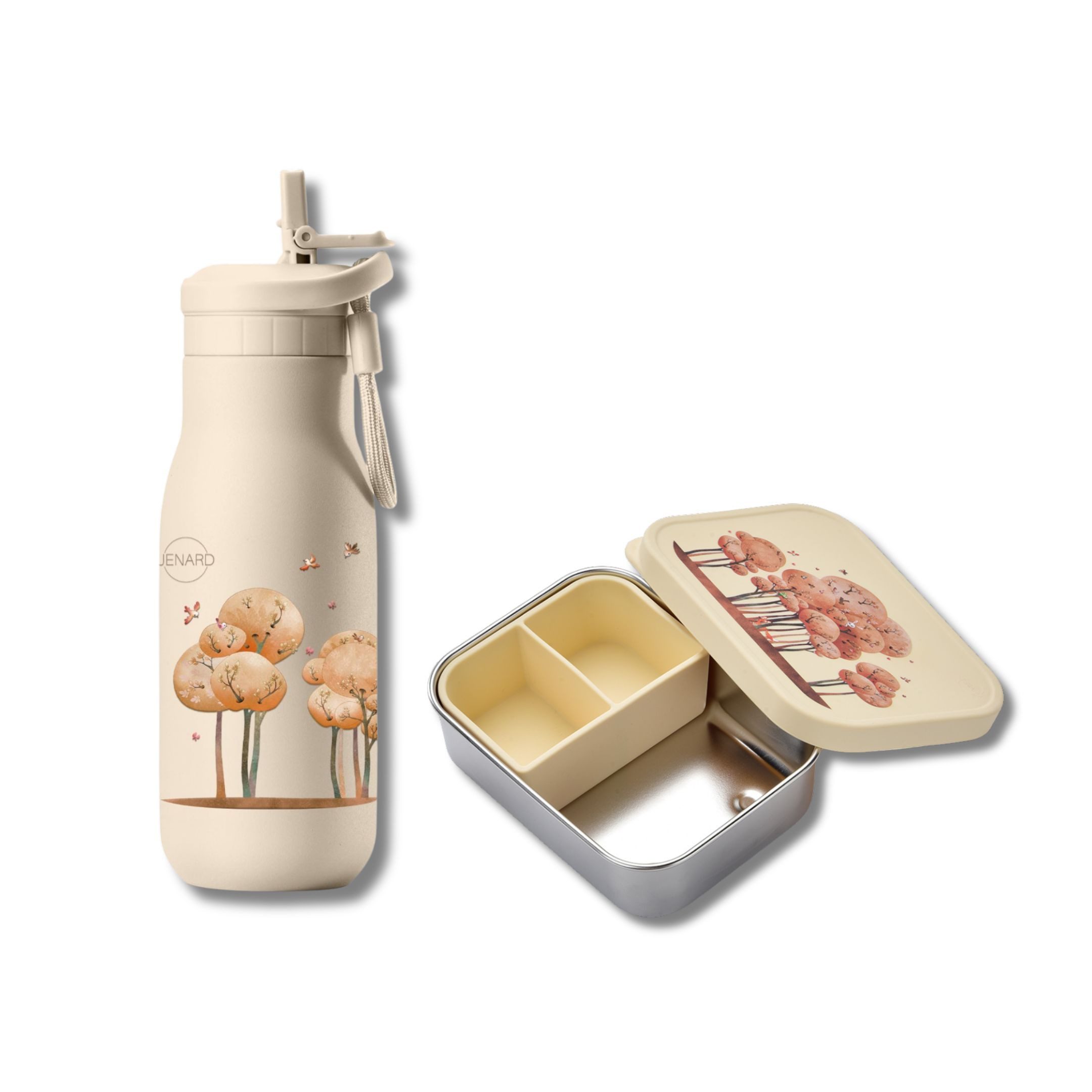 JENARD Lunchbox Set Brotdose & Trinkflasche Edelstahl – Tiere im Wald Creme, Edelstahl, PP, (2-tlg., 2-teilig, Brotdose und Trinkflasche), BPA-frei, kindgerecht, robust, langlebig, lebensmittelecht