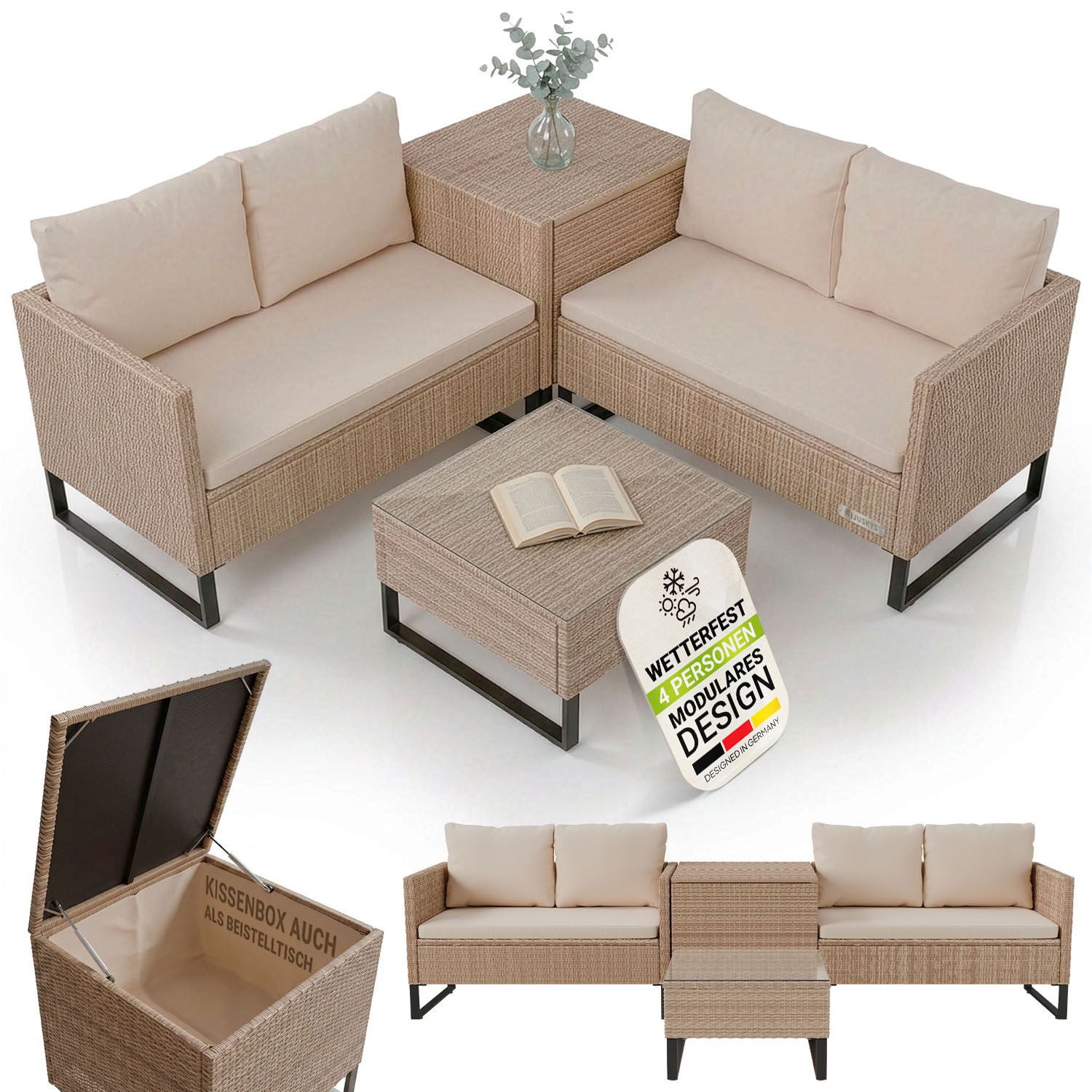 Juskys Gartenlounge-Set Santorini, (4-tlg), Polyrattan Sitzgruppe mit Beistelltisch & Auflagenbox, wetterfest