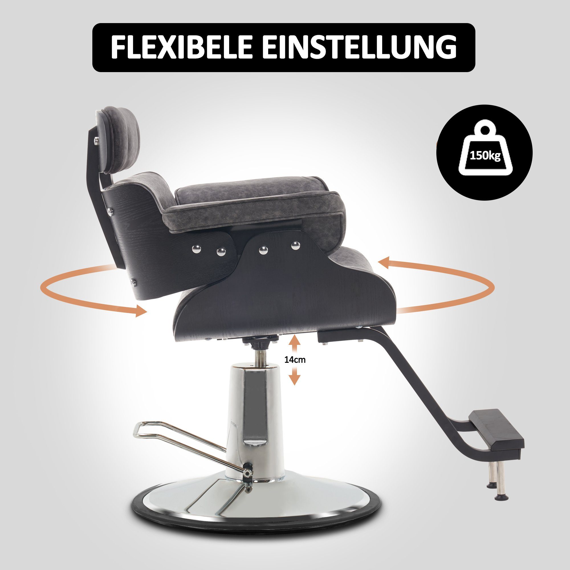 Barberpub Friseursessel Friseurstuhl Retro, Kunstleder Barberpub Stuhl 8261, Herren Höhenverstellbar Retro Vintage Damen, Kunstleder für Dunkelgrau