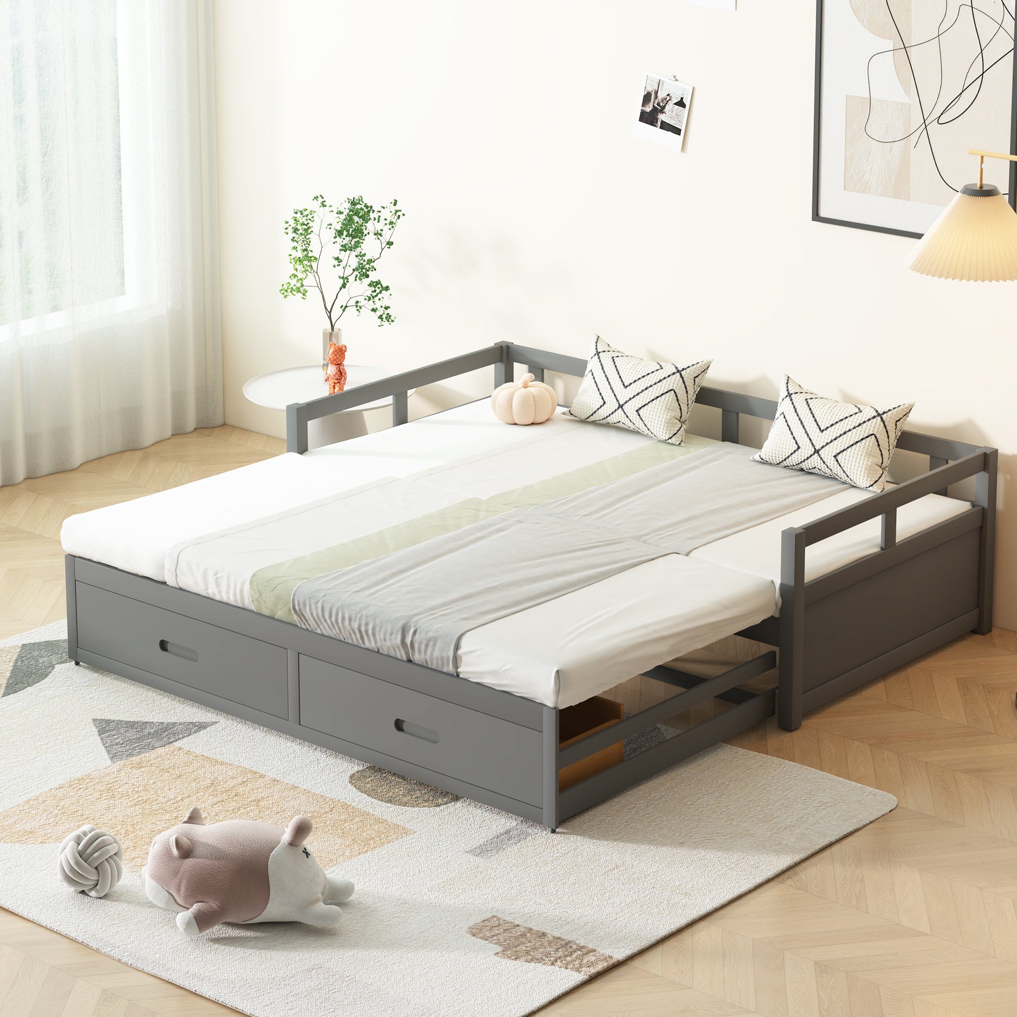 Schiebebett Kinderbett Kiefernbett Doppelbett, mit HAUSS Grau Relaxfunktion, SPLOE Holzbett Schlafsofa Schlafsofa Einzelbett mit Stauraum