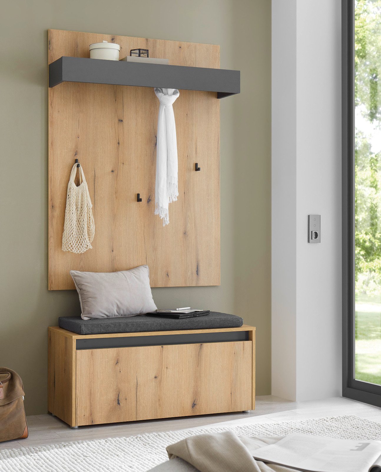 Furn.Design Garderoben-Set Center, (Set mit Wandgarderobe und Schuhbank, Eiche mit Grau, Breite 100 cm), inklusive Sitzkissen