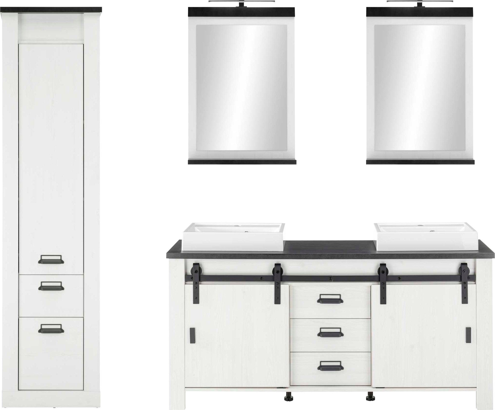 Home affaire Badmöbel-Set SHERWOOD, Bad im modernen Design, 4-teiliges Badezimmer, (4-St), in 2 Farben verfügbar, Scheunentorbeschlag & Apothekergriff aus Metall