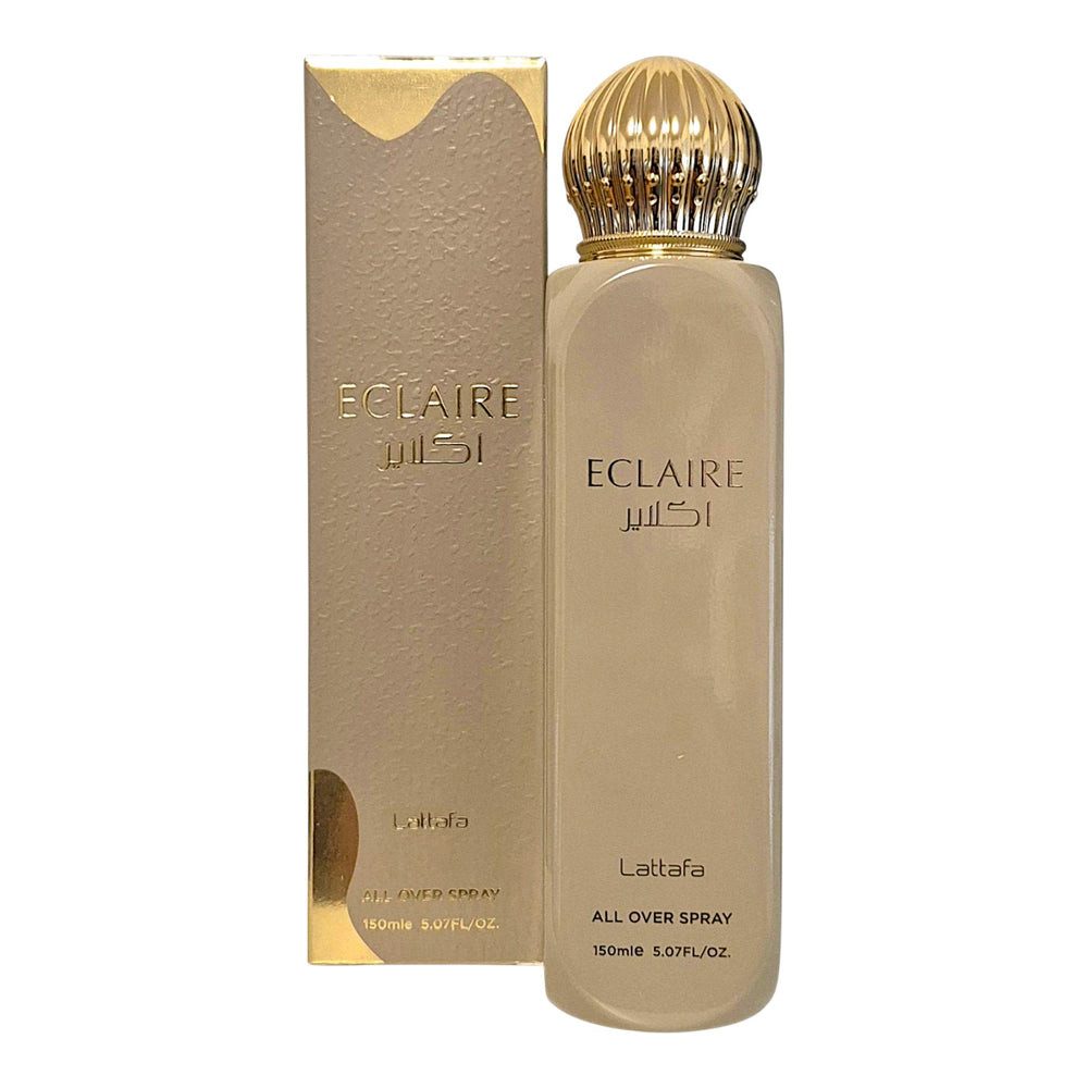 Lattafa Duft-Set Eclaire All Over Spray 150ml Süßer Gourmand + Parfümzerstäuber leer