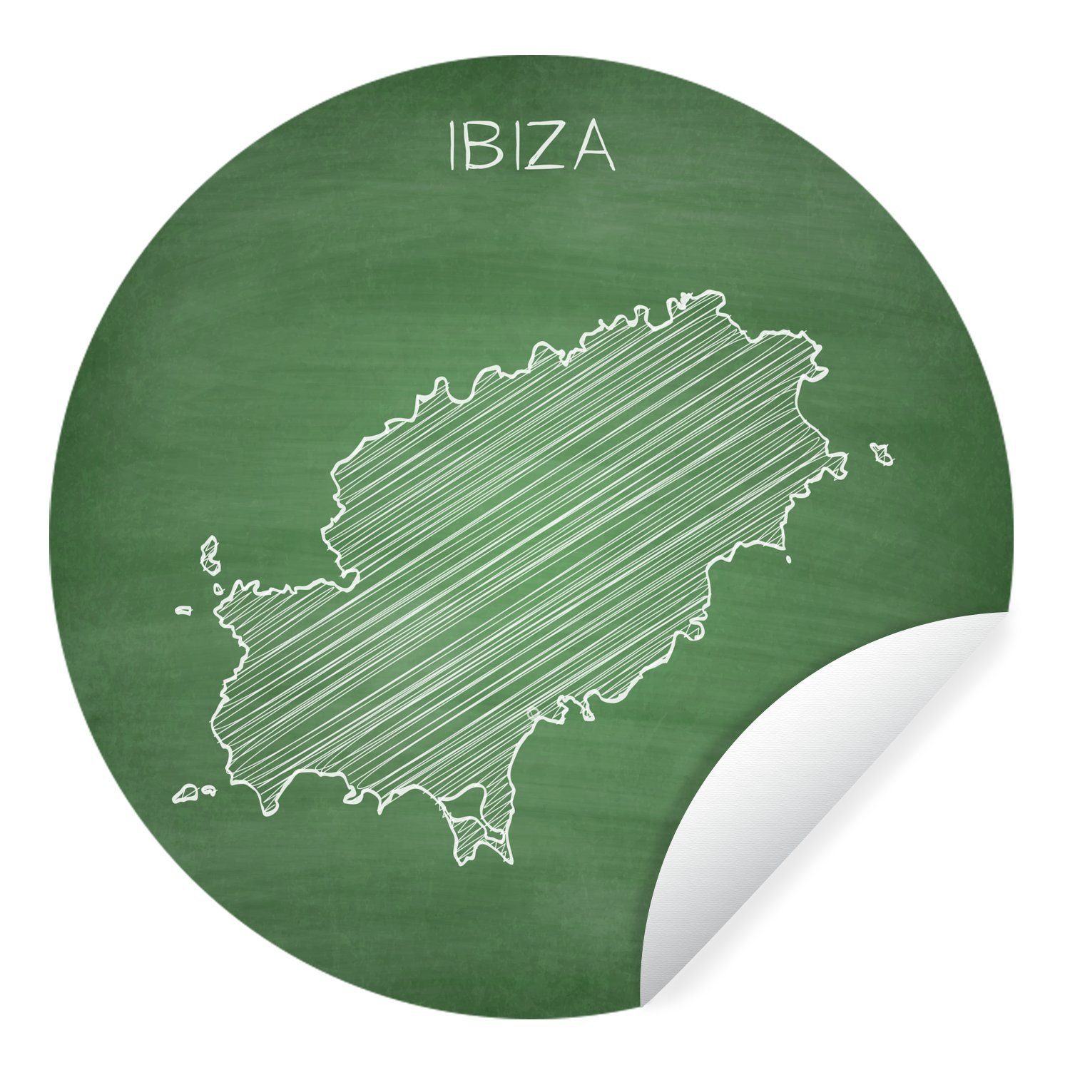 MuchoWow Wandsticker Illustration einer Karte von Ibiza auf einer Kreidetafel (1 St), Tapetenkreis für Kinderzimmer, Tapetenaufkleber, Rund, Wohnzimmer